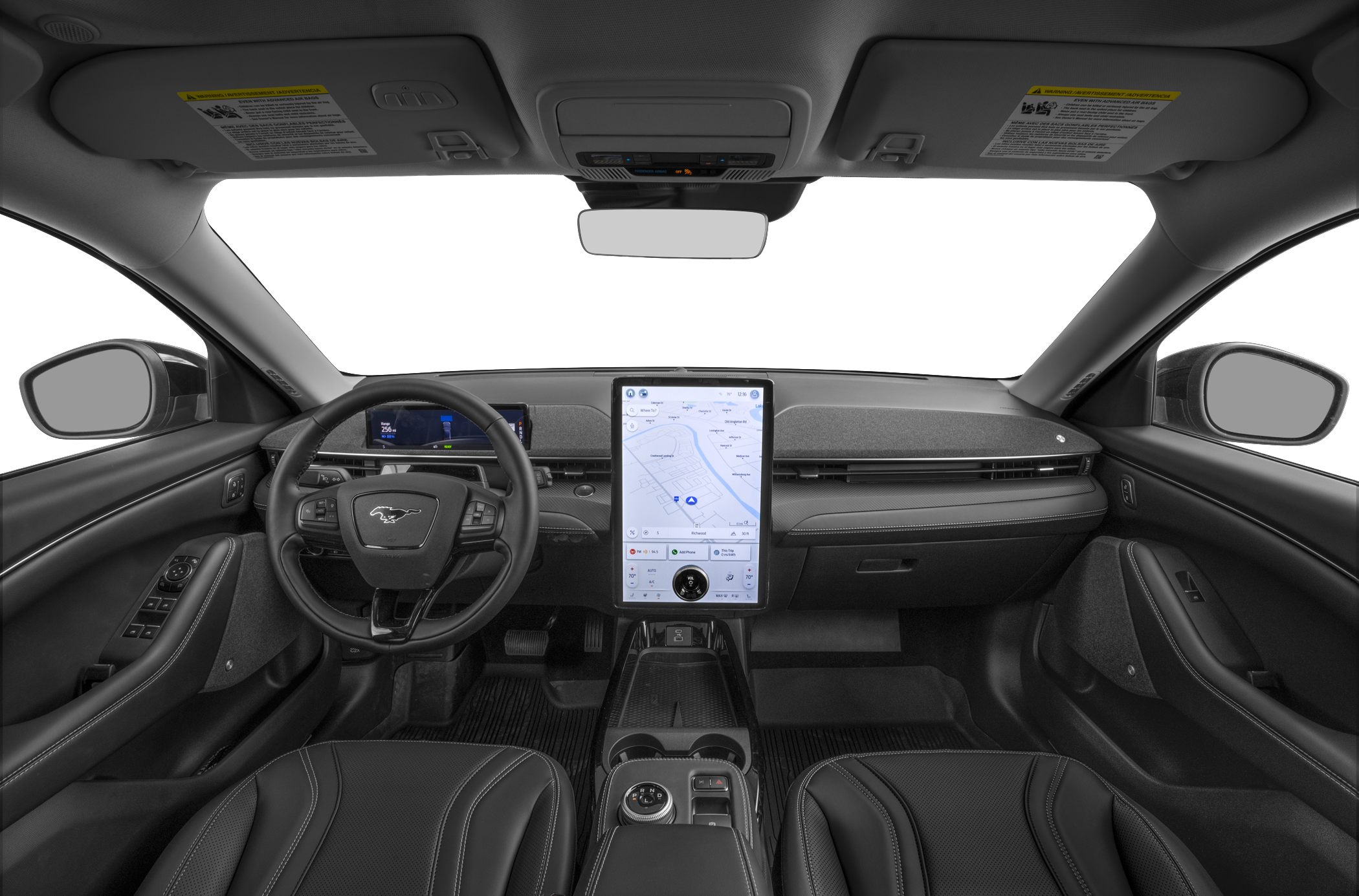 Modern electric vehicle interior with vertical touchscreen and digital instrument cluster