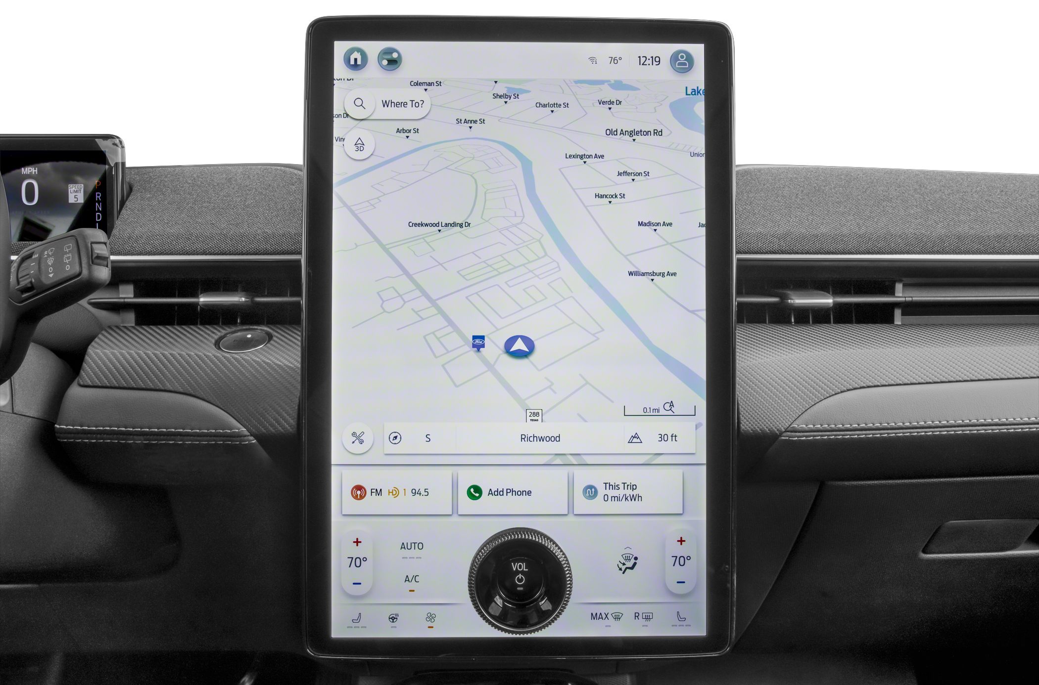Large vertical touchscreen with navigation and climate control