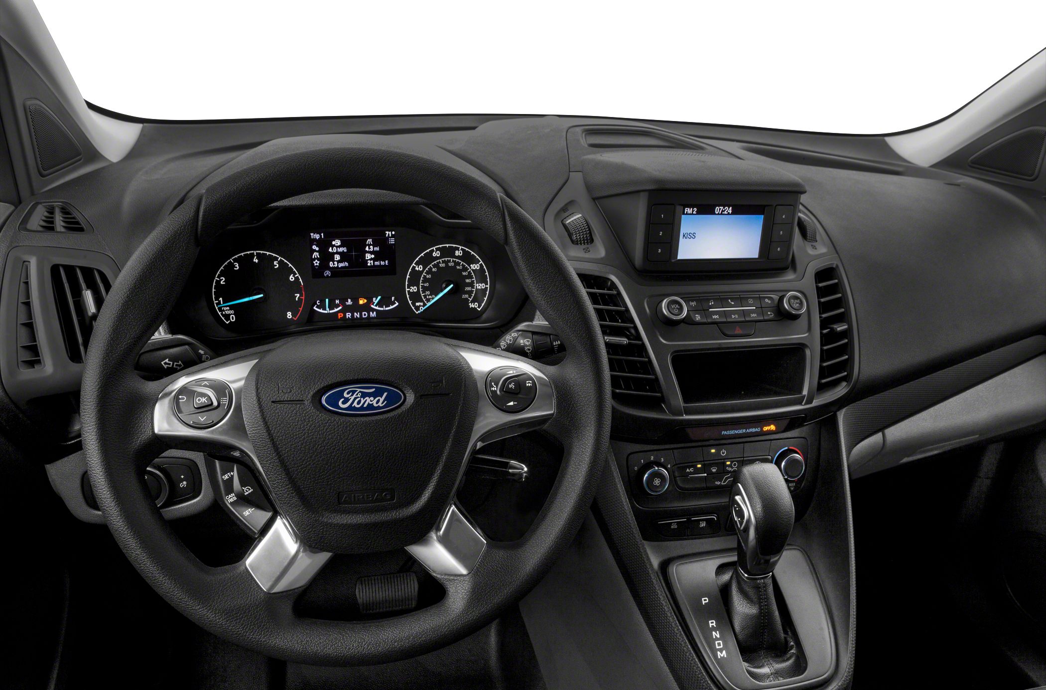 Dashboard and steering wheel with controls and digital display
