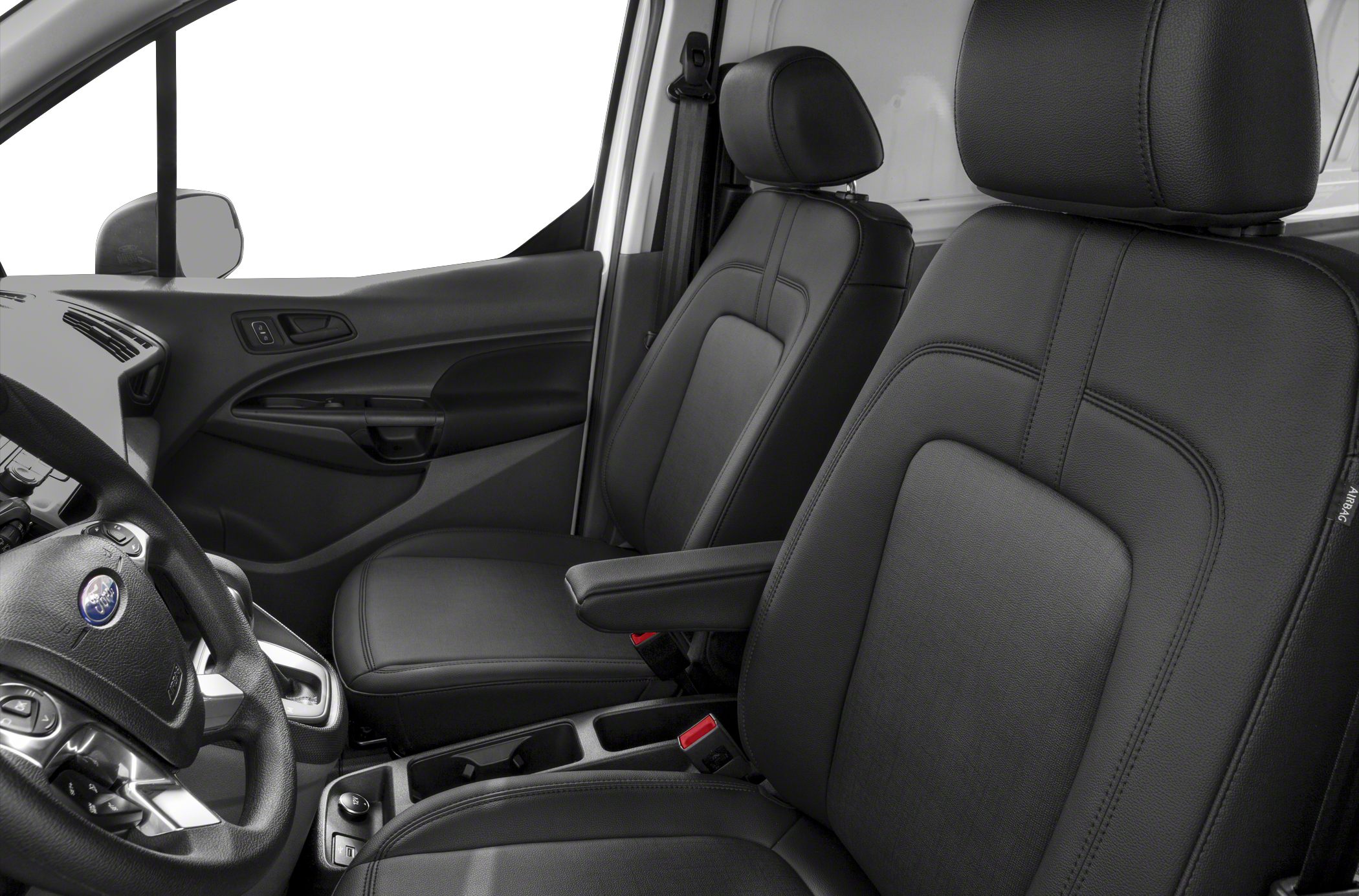 Black leather front seats with armrest and driver controls.