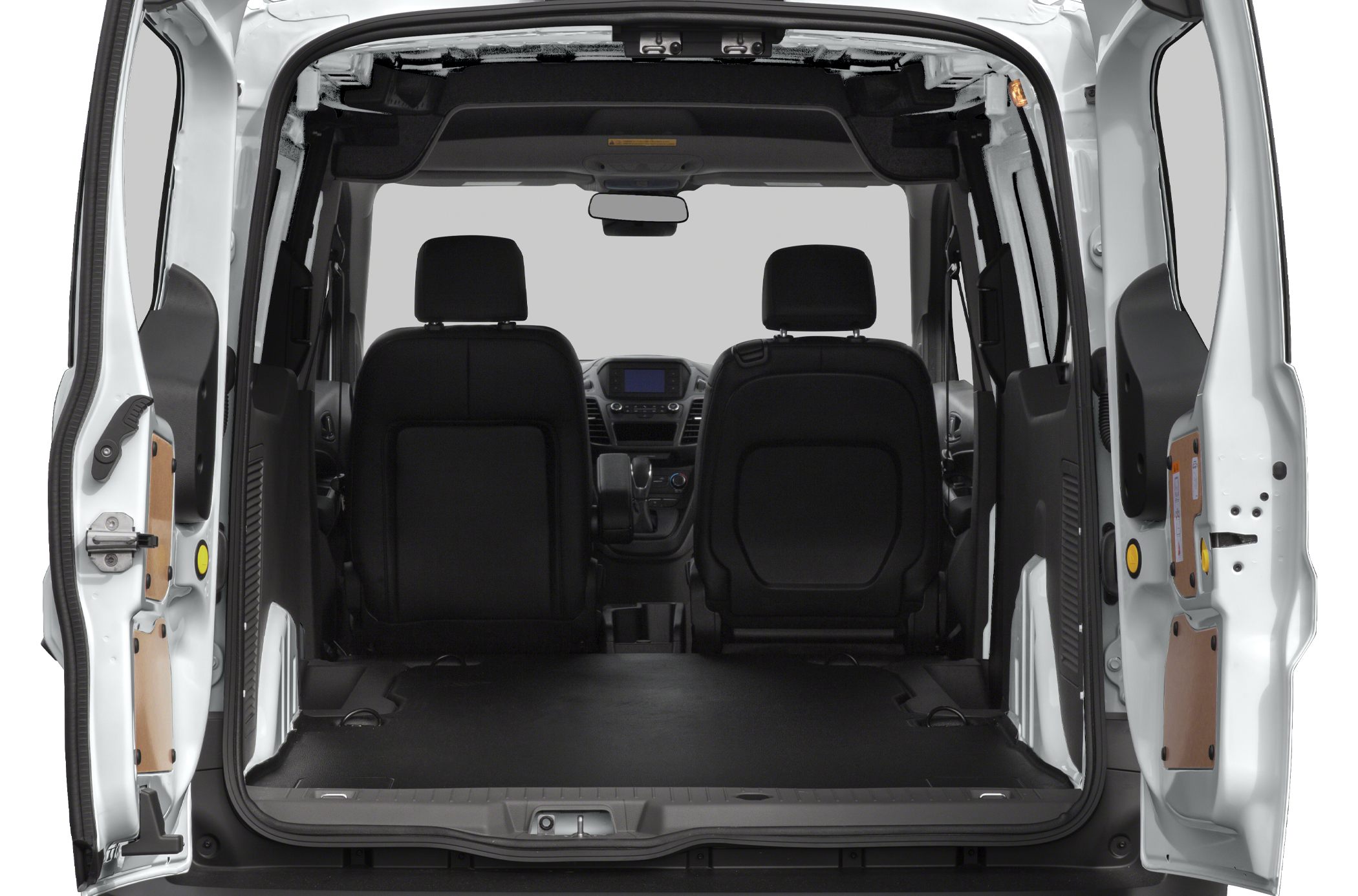 Spacious rear cargo area with dual front seats and dashboard view