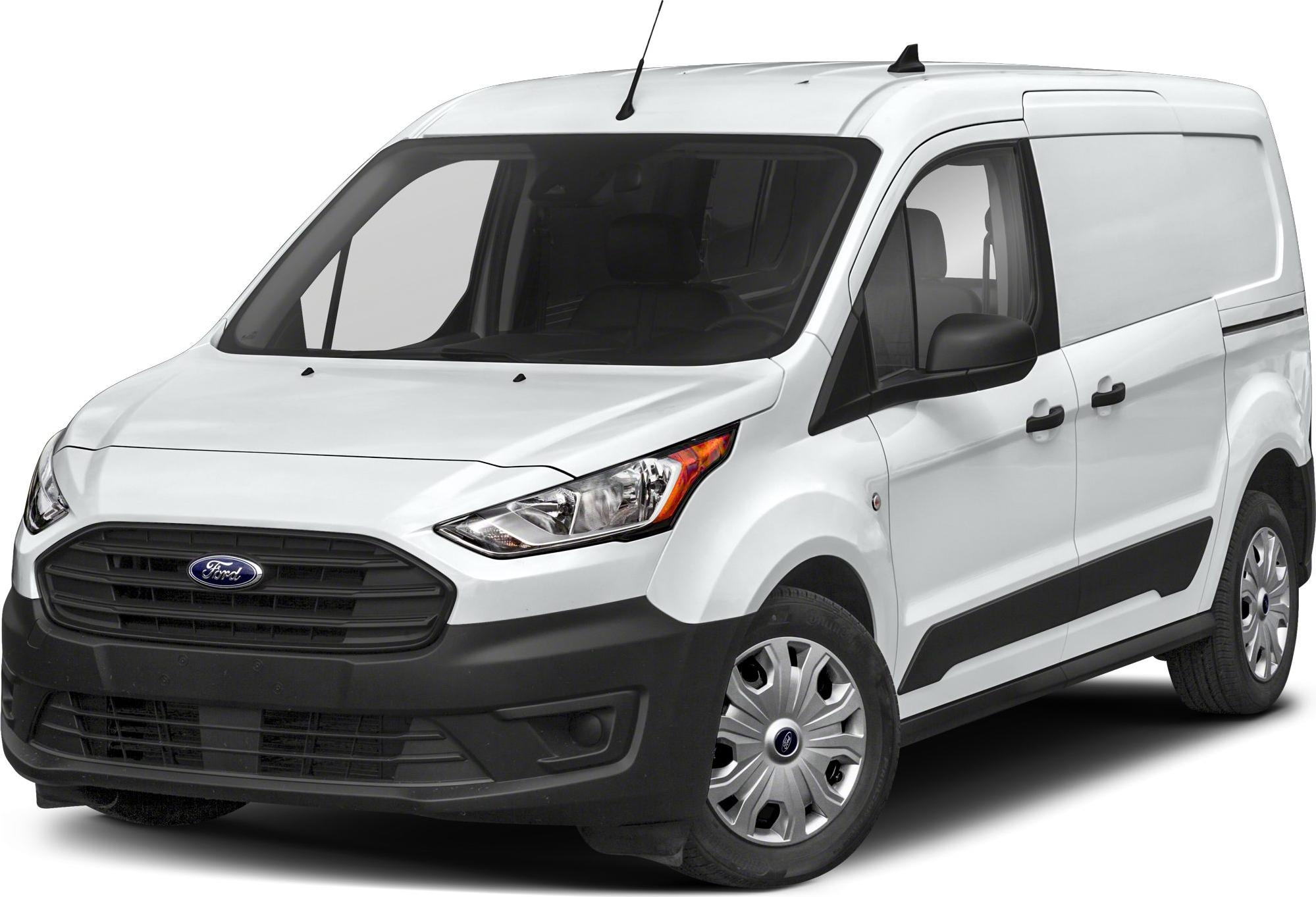 Front and side view of a compact white cargo van with black trim and distinctive grille