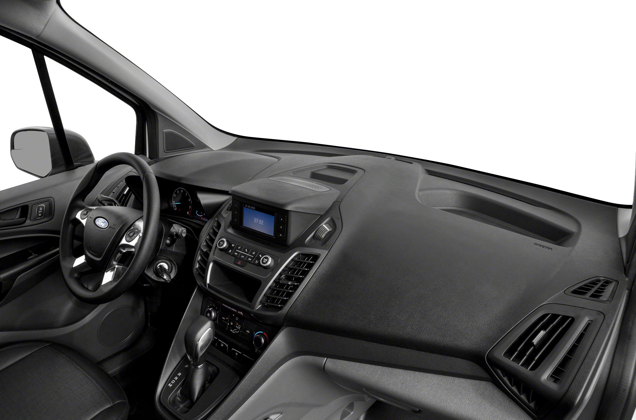 Dashboard and center console with steering wheel and infotainment screen