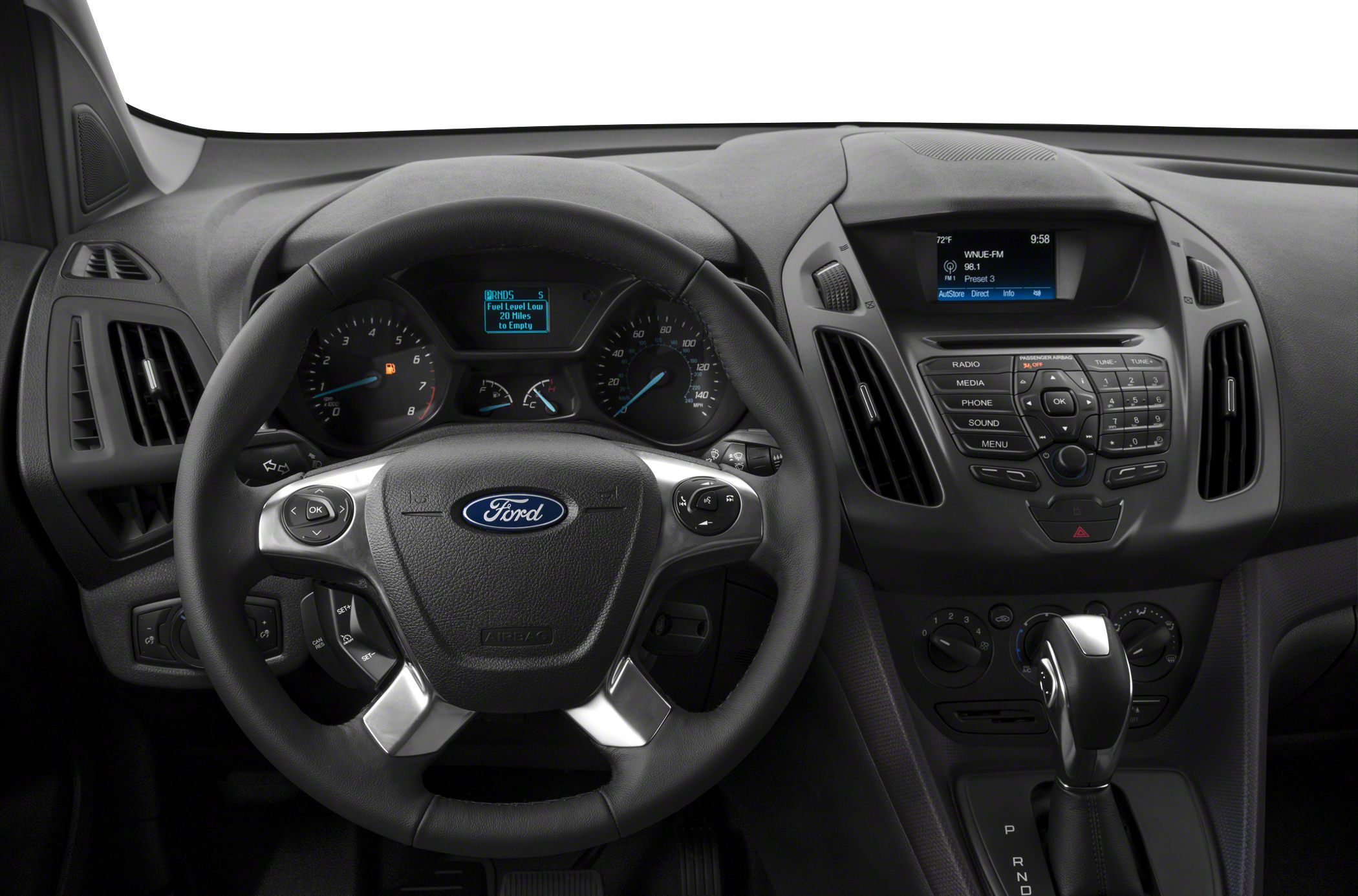 Steering wheel, dashboard, and center console with instrument cluster and radio controls