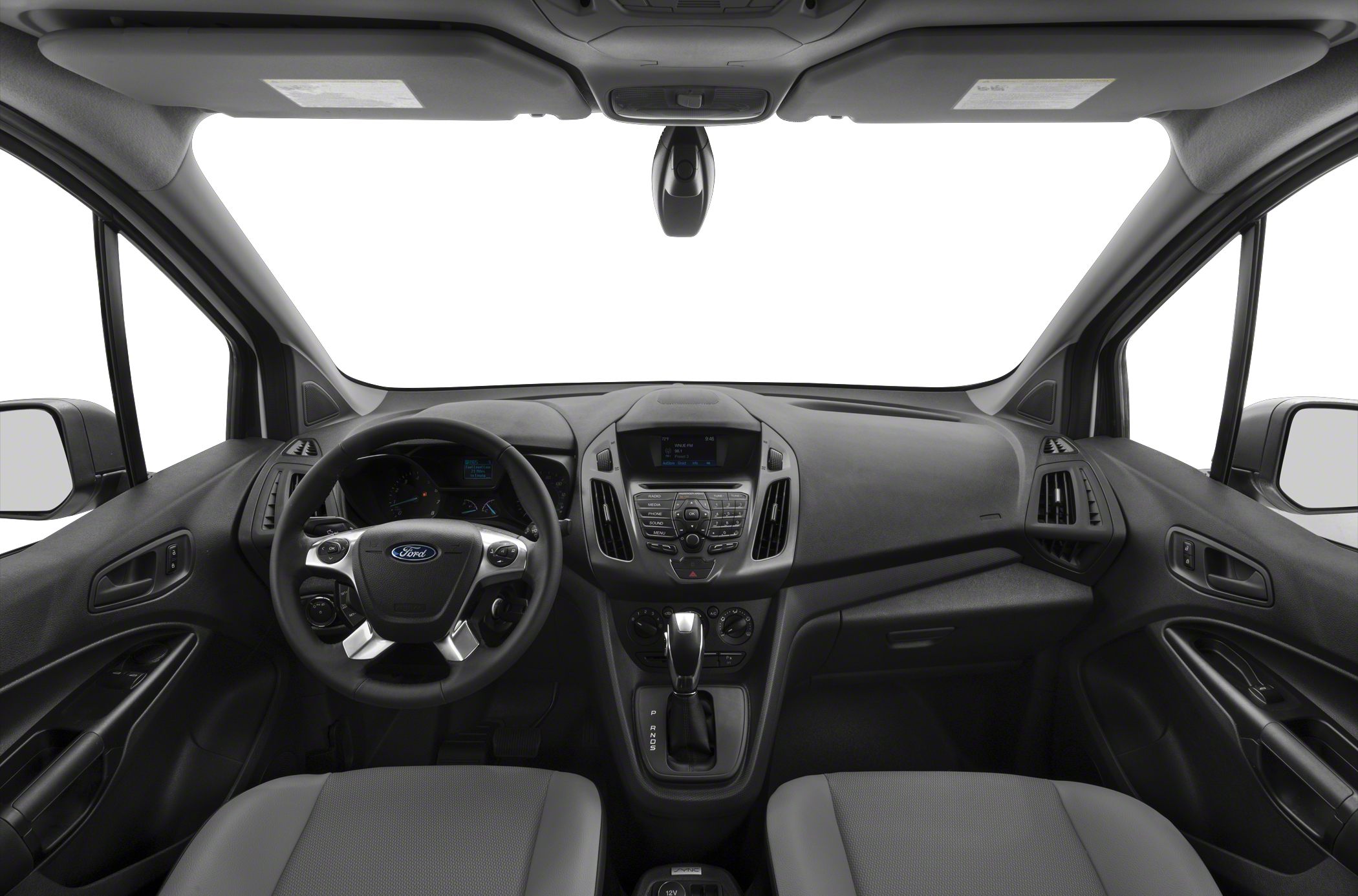 Dashboard, steering wheel, and center console of a vehicle interior