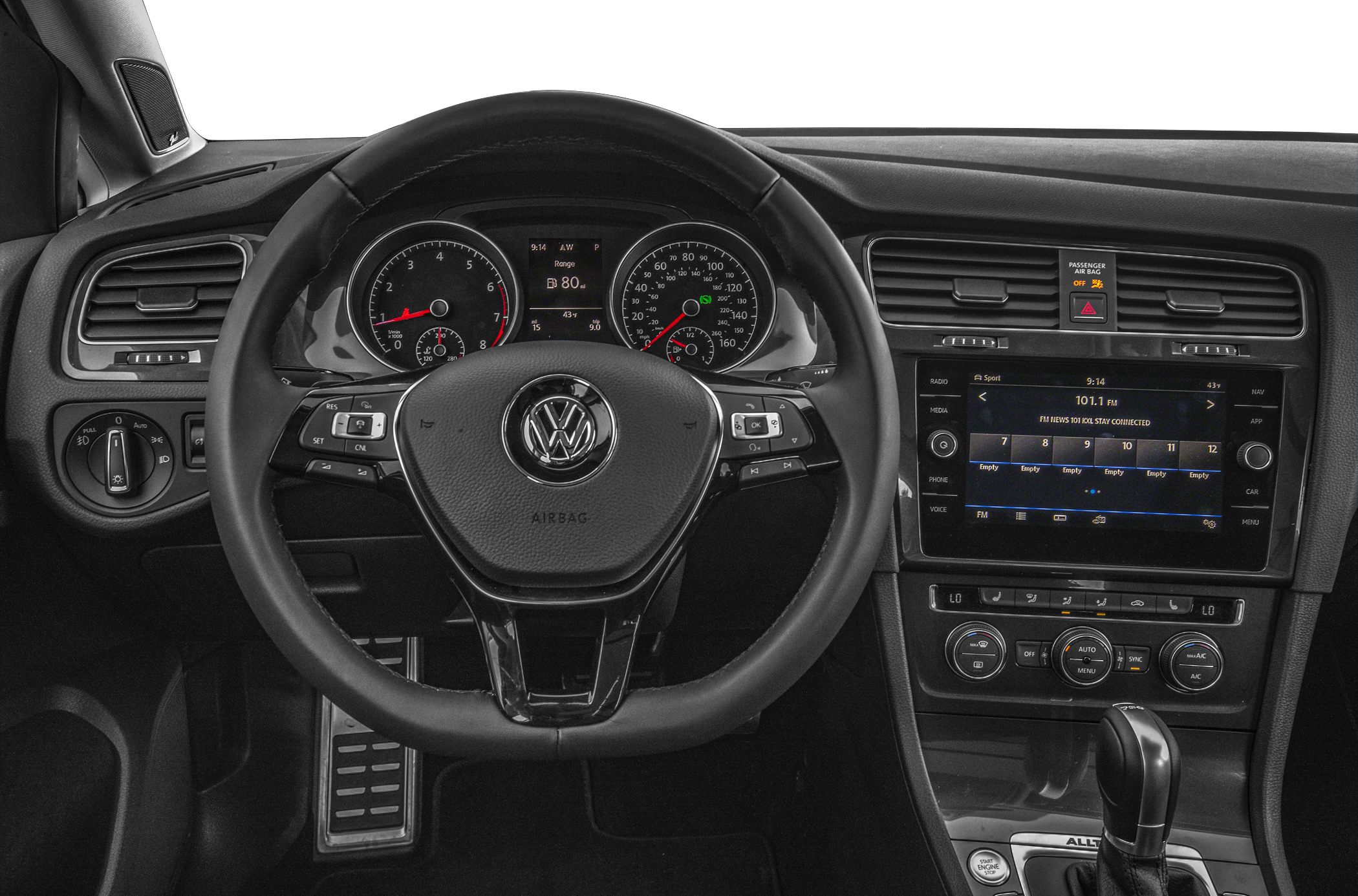 Interior dashboard with steering wheel, digital gauges, and infotainment screen