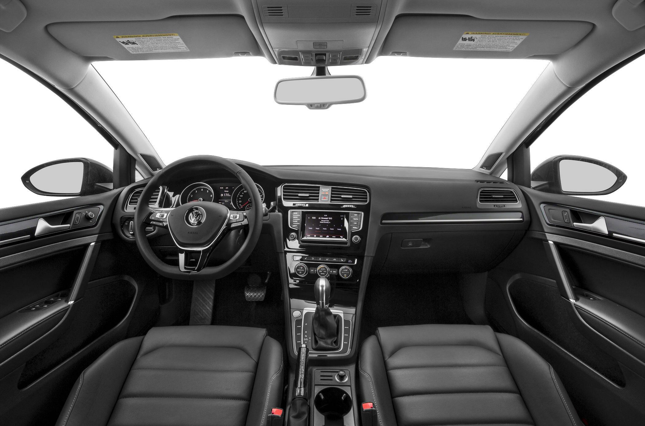 Steering wheel, dashboard, center console, and seats of a modern vehicle interior