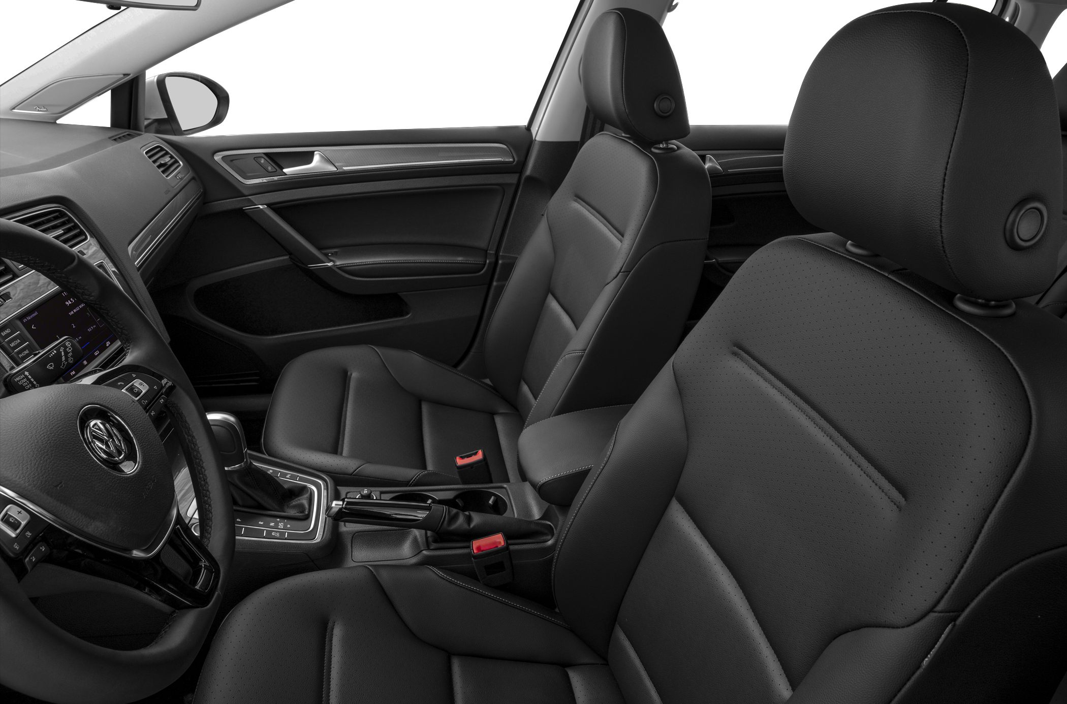 Black leather front seats and modern car interior features