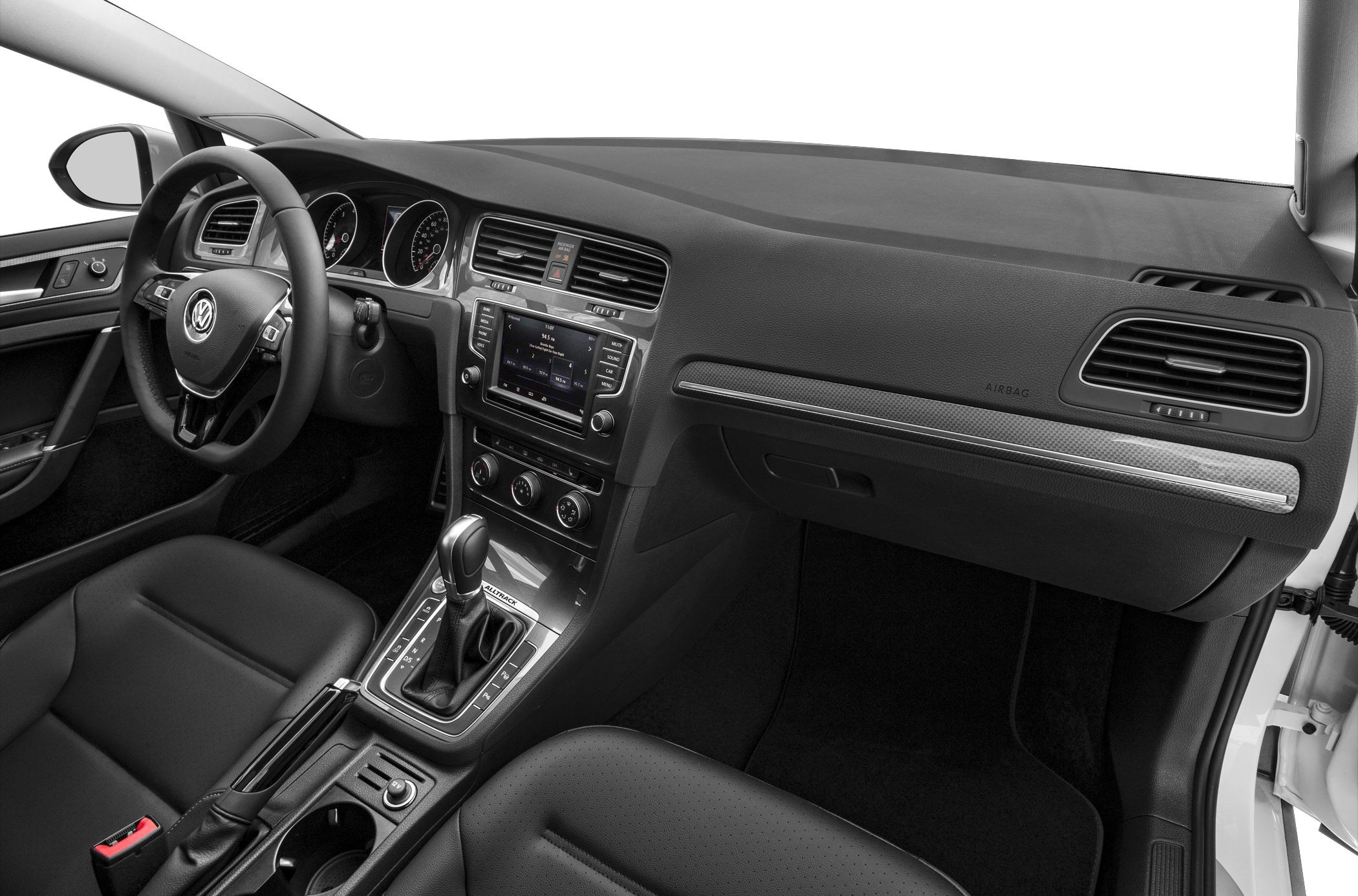 Interior dashboard with steering wheel, infotainment, and gear shifter