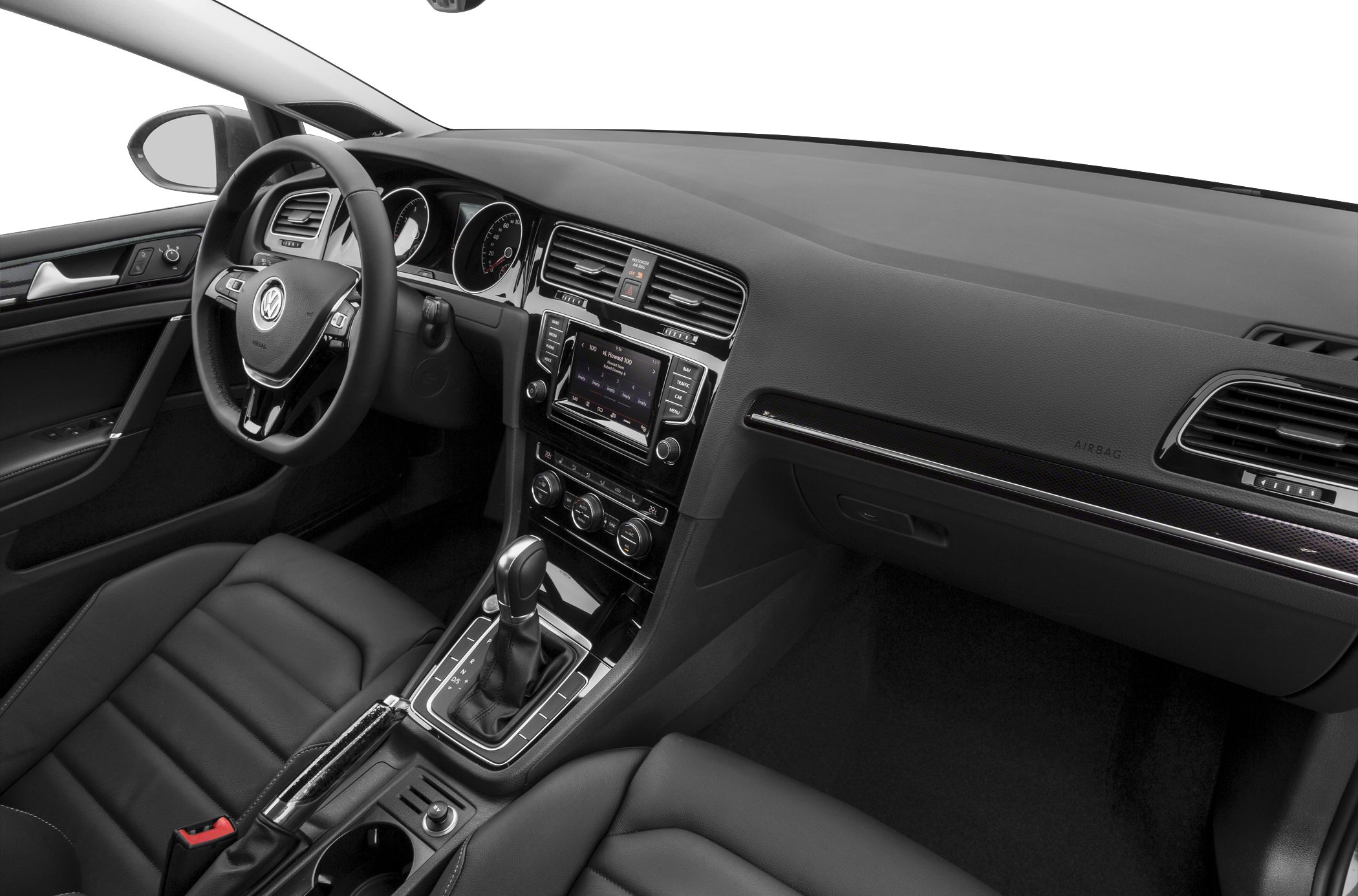 Modern car interior with dashboard and center console featuring touchscreen and automatic gear shift