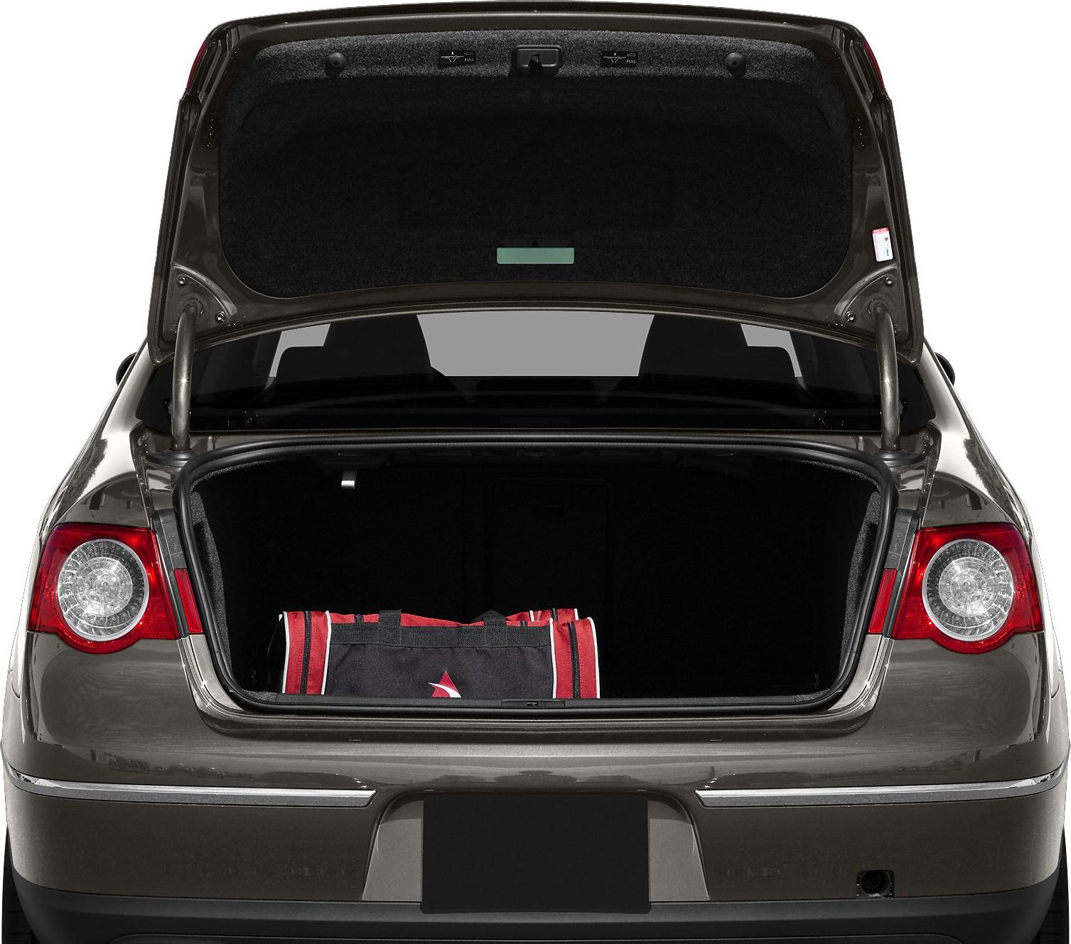 Open car trunk with a duffel bag inside