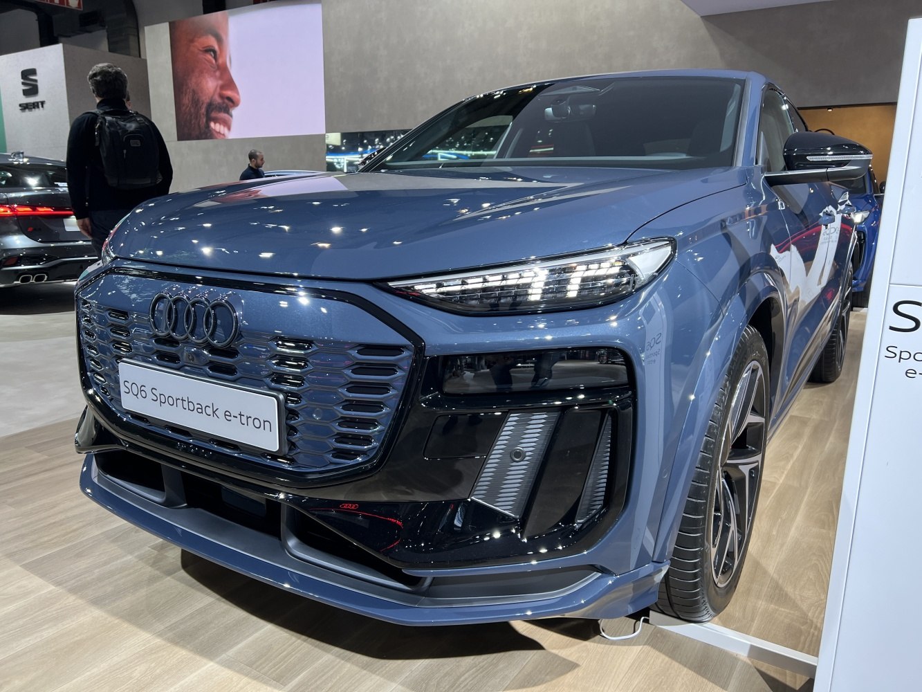 Front grille and LED headlights of luxury electric SUV