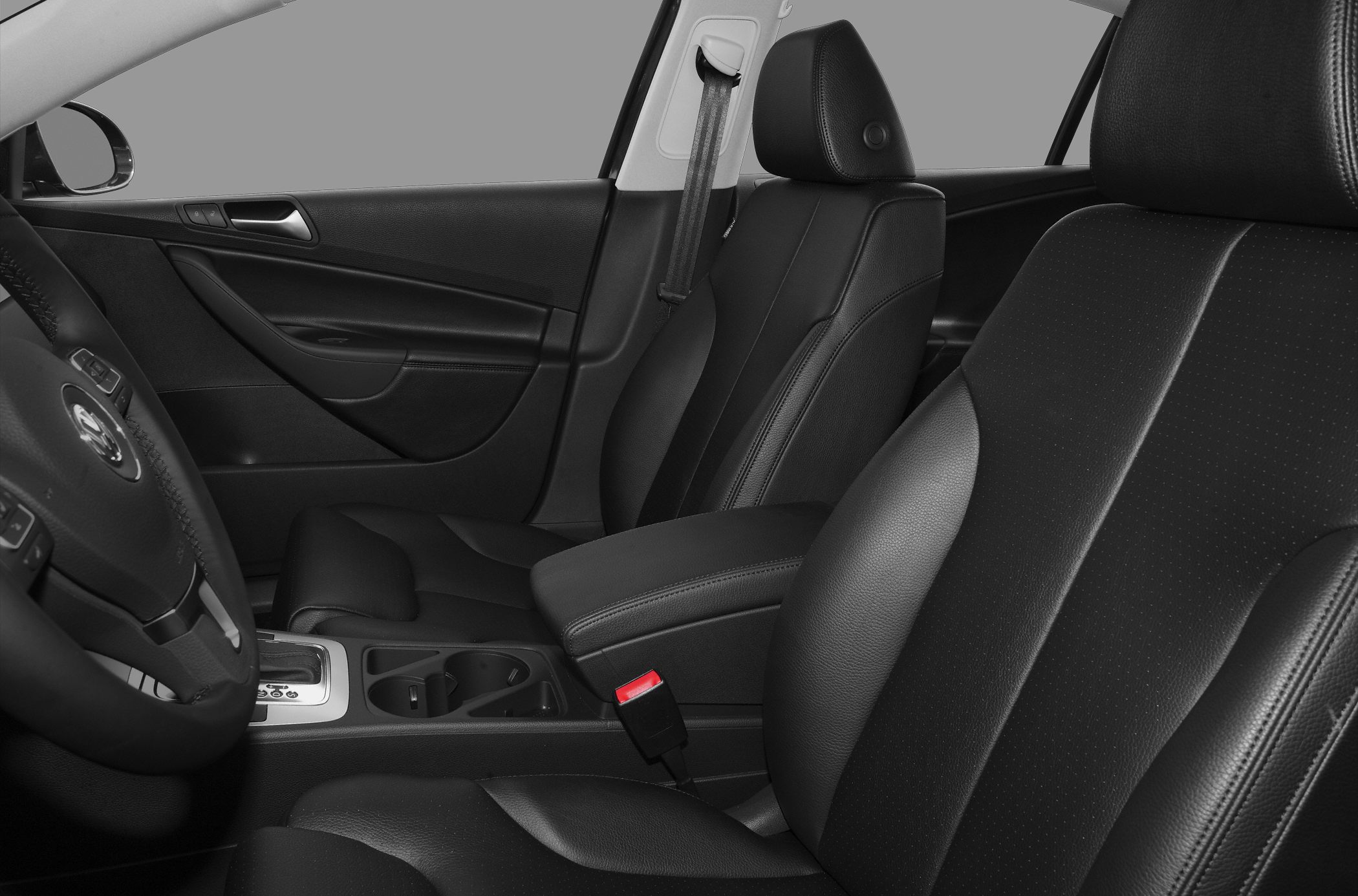 Black leather front seats and interior door panel with steering wheel