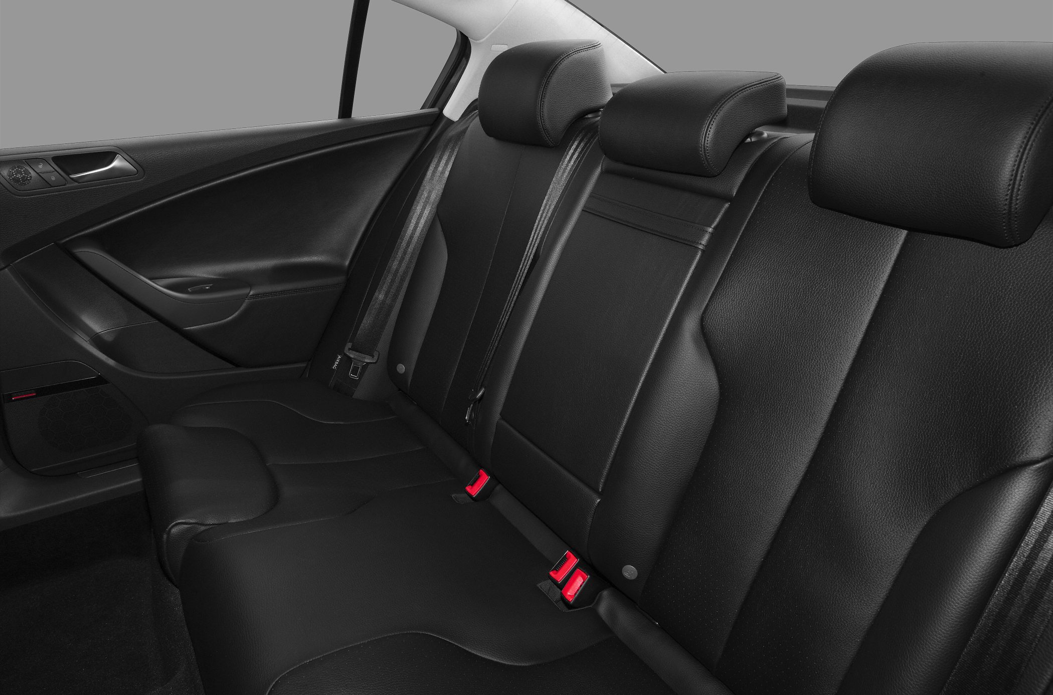 Rear black leather seats with seatbelts and door panel