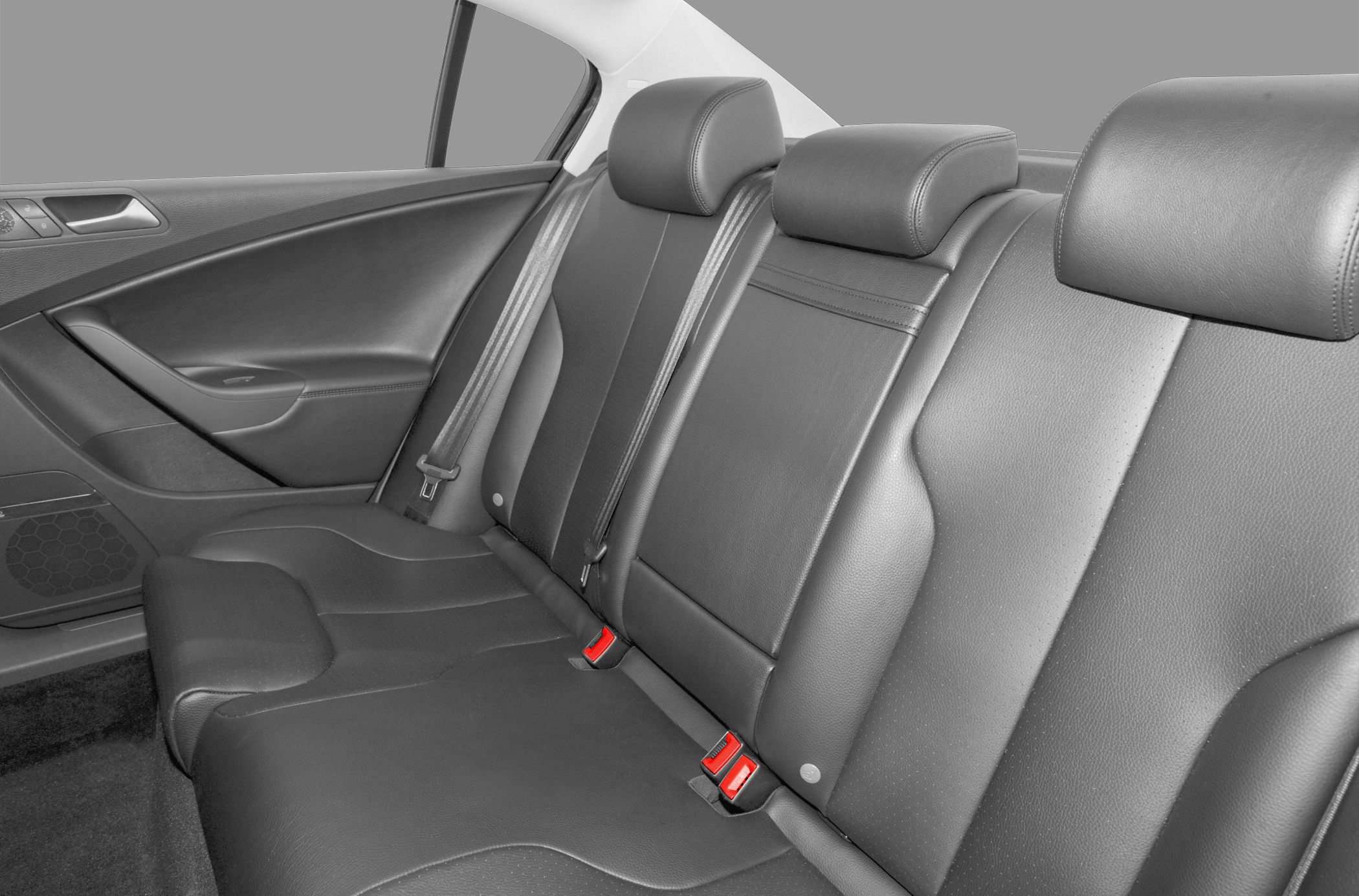 Rear seat interior with leather upholstery and headrests