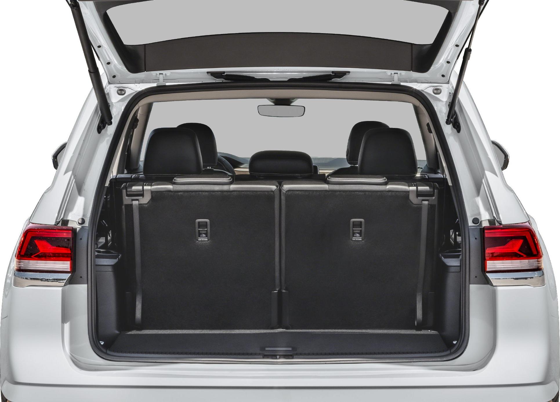 Large rear cargo space with foldable seats and open hatch