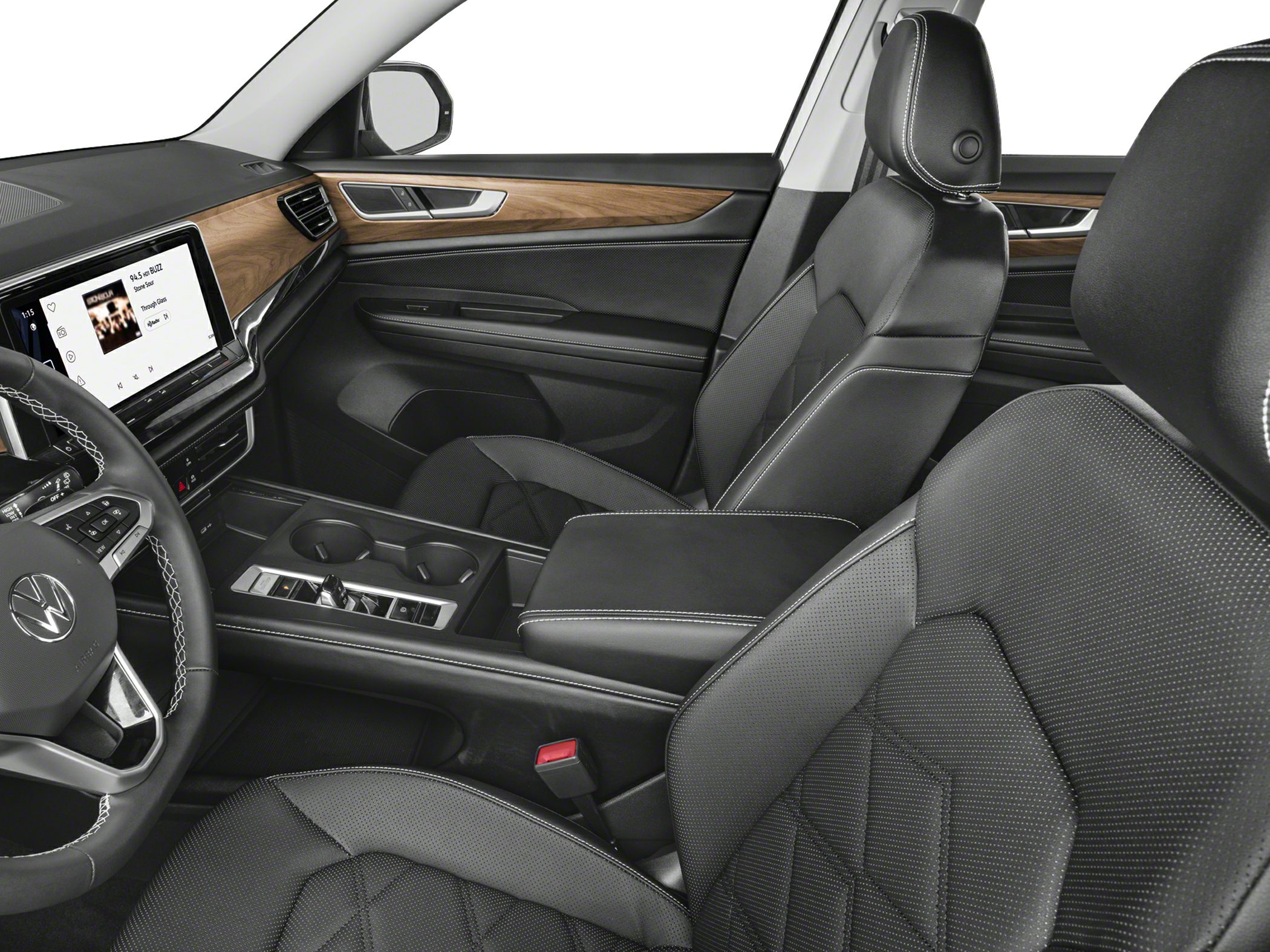 Modern leather seats with digital touchscreen and wood trim details