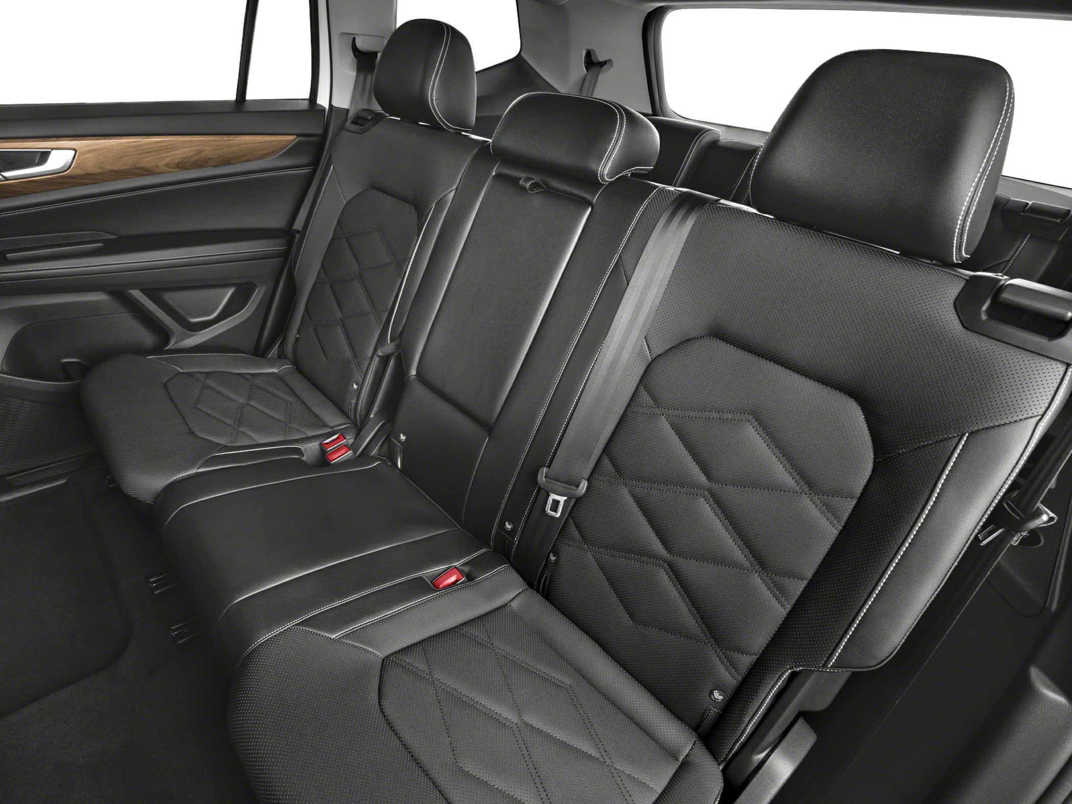 Black leather rear seats with diamond stitching and white contrast piping