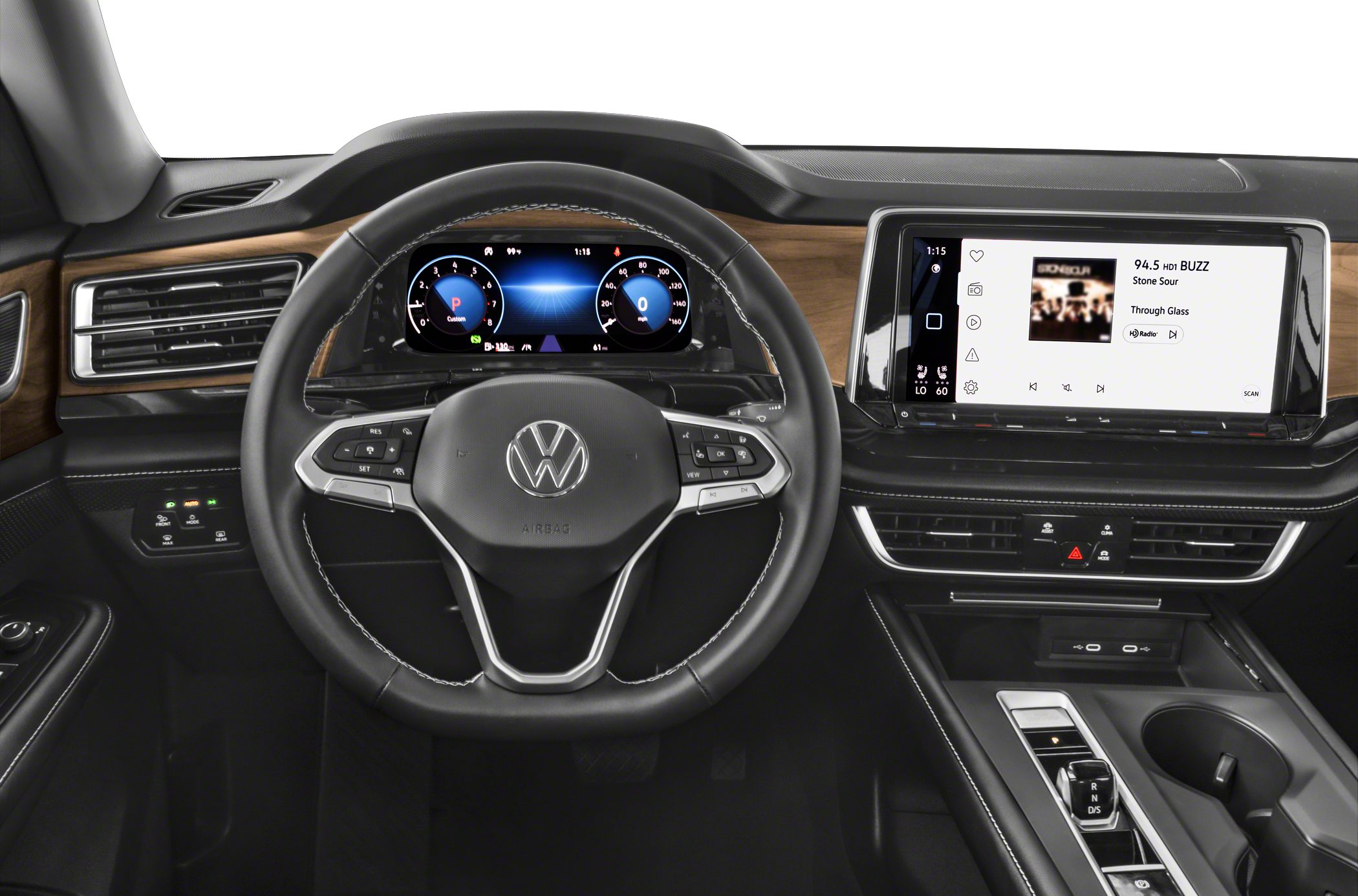 Digital dashboard, touchscreen display, wood trim, steering wheel controls