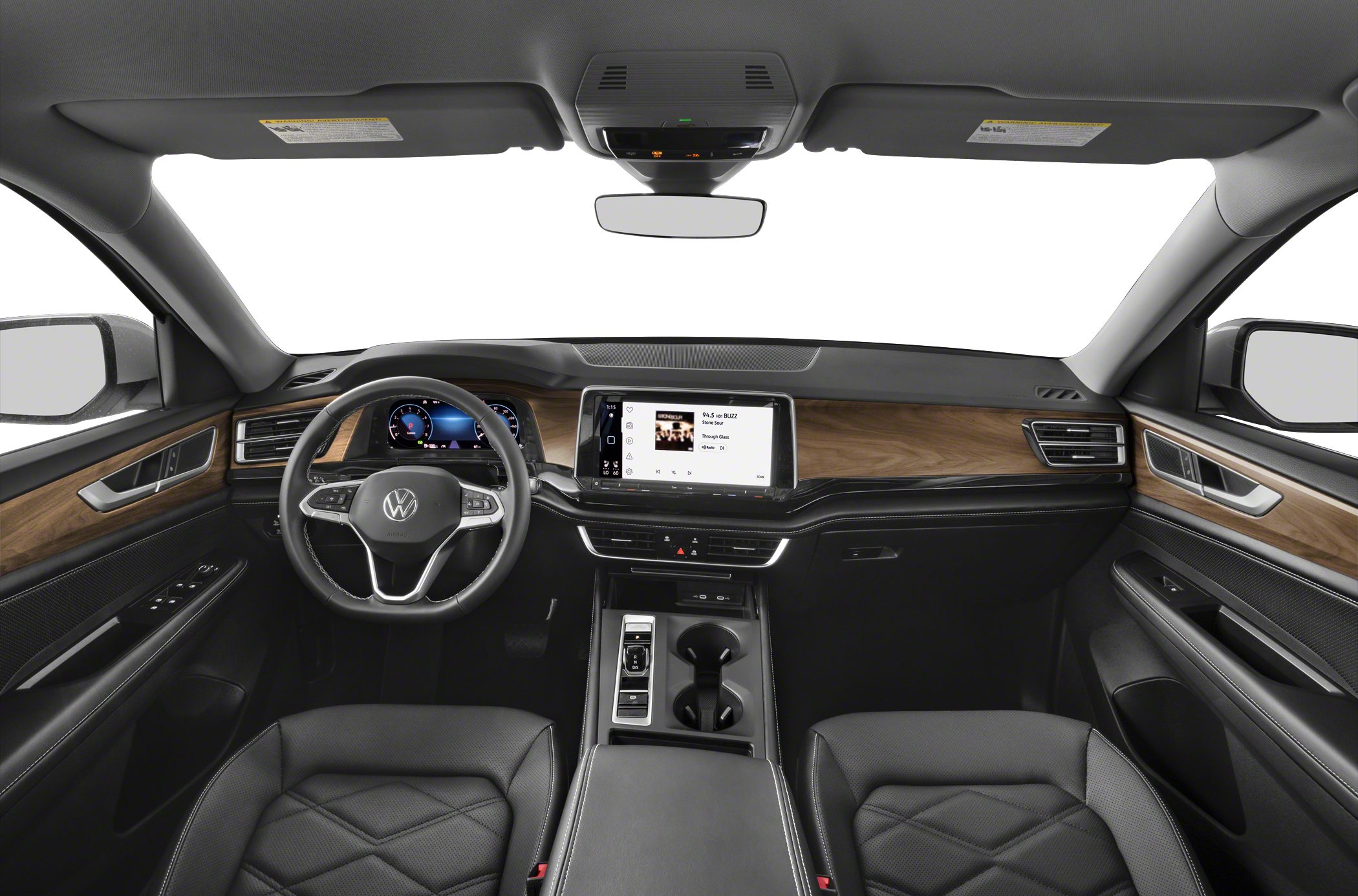 Digital dashboard and infotainment screen with wood trim interior
