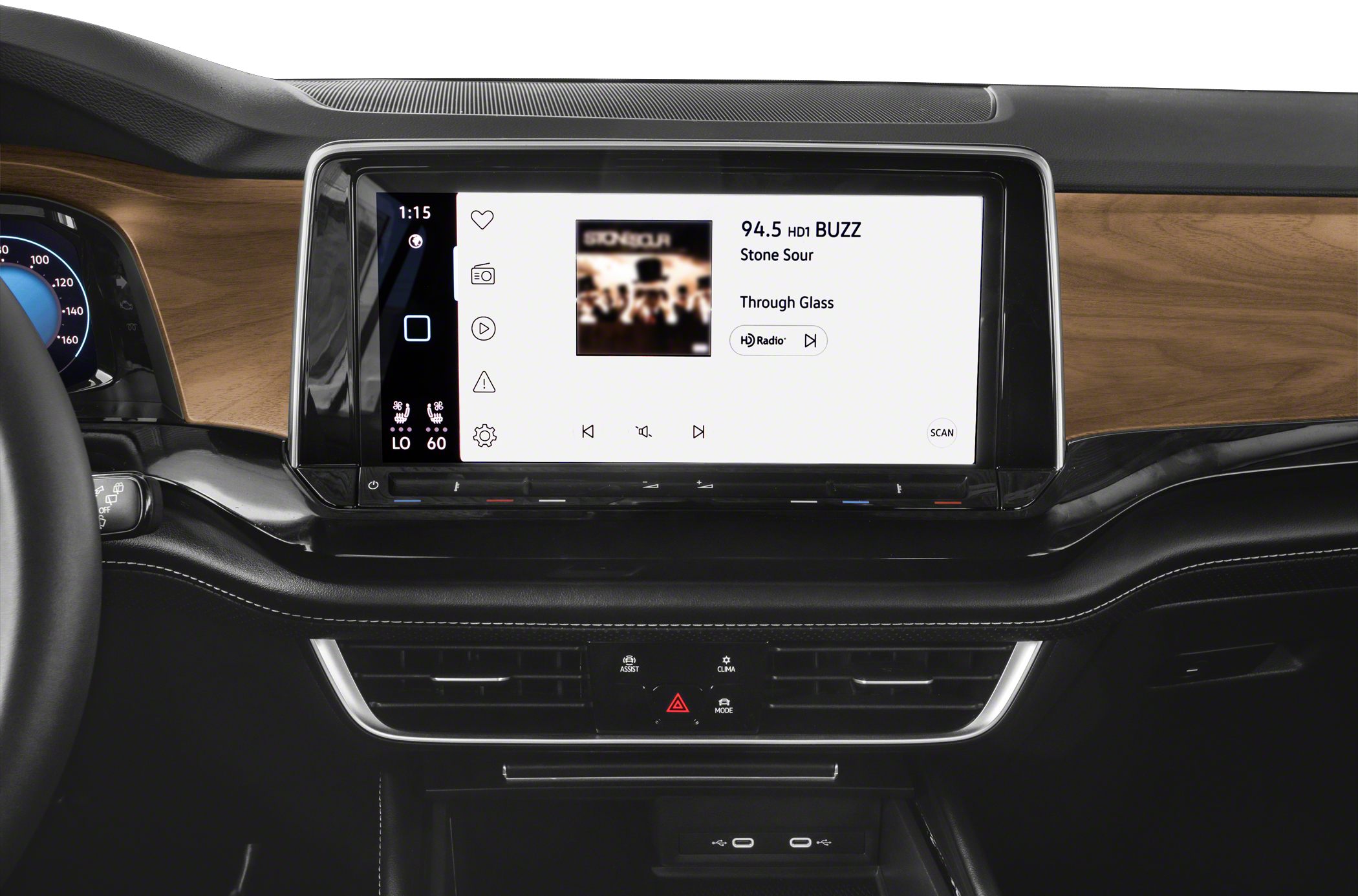 Touchscreen infotainment system with wood trim dashboard