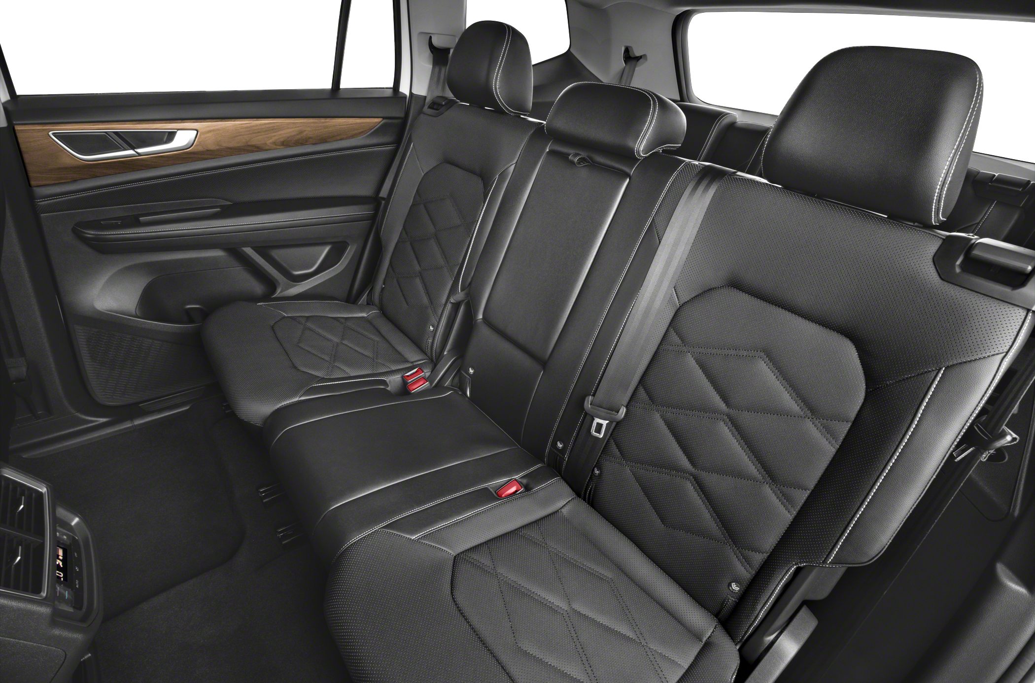 Black leather rear seats with diamond stitching and wood trim door panel