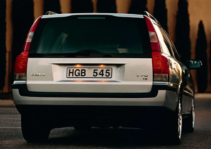 Rear view of a station wagon with vertical taillights and tailgate.