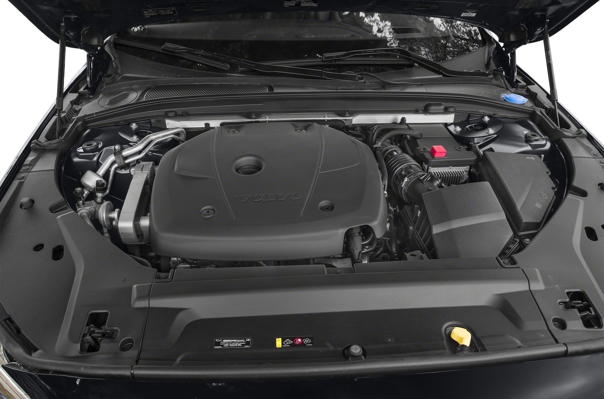 Modern engine bay with Volvo-branded engine cover and components