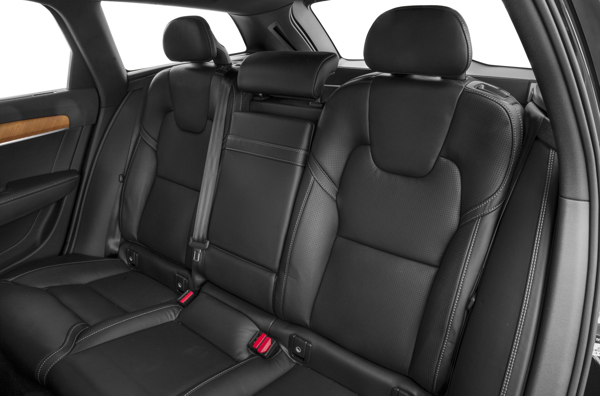 Rear black leather seats with headrests and seatbelts