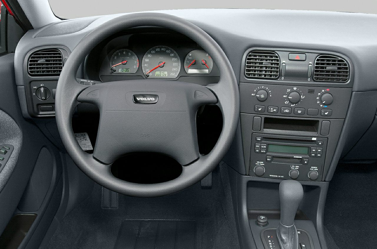 Dashboard, steering wheel with Volvo badge, and central console controls