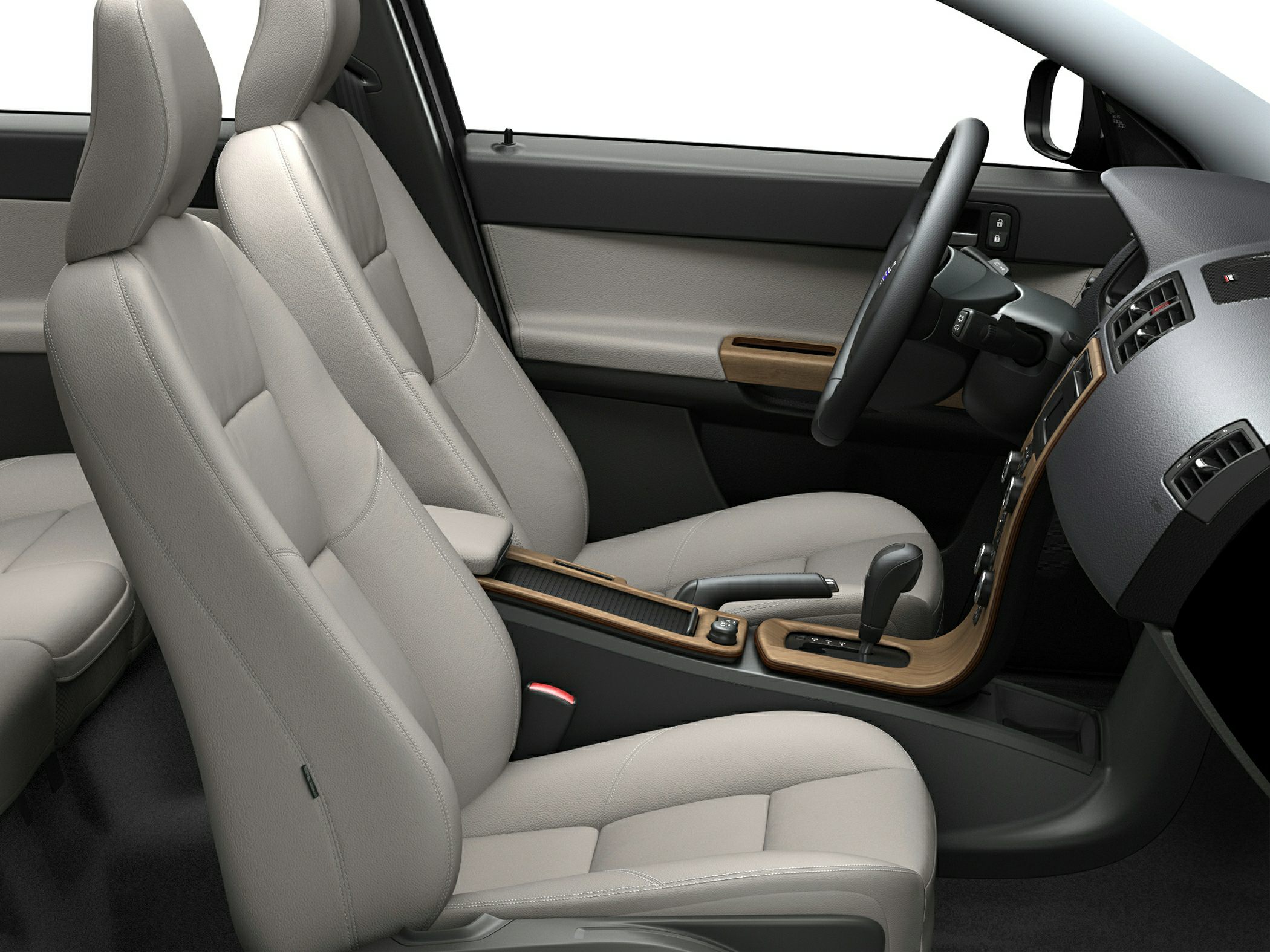 Leather interior seats and wood trim inside car