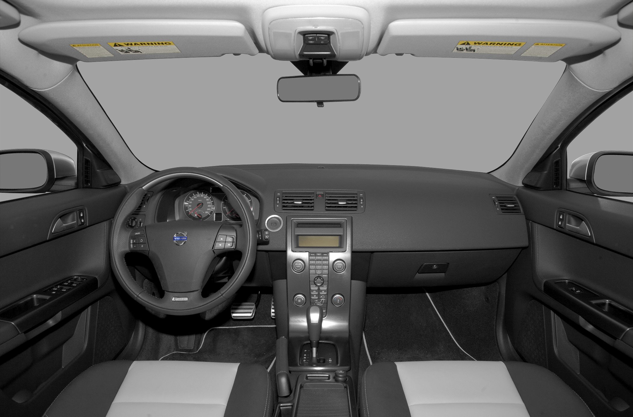 Dashboard and steering wheel interior with center console and seats