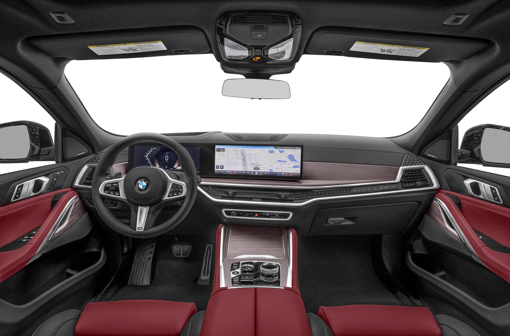 Digital dashboard, navigation screen, red leather seats, and steering wheel controls.