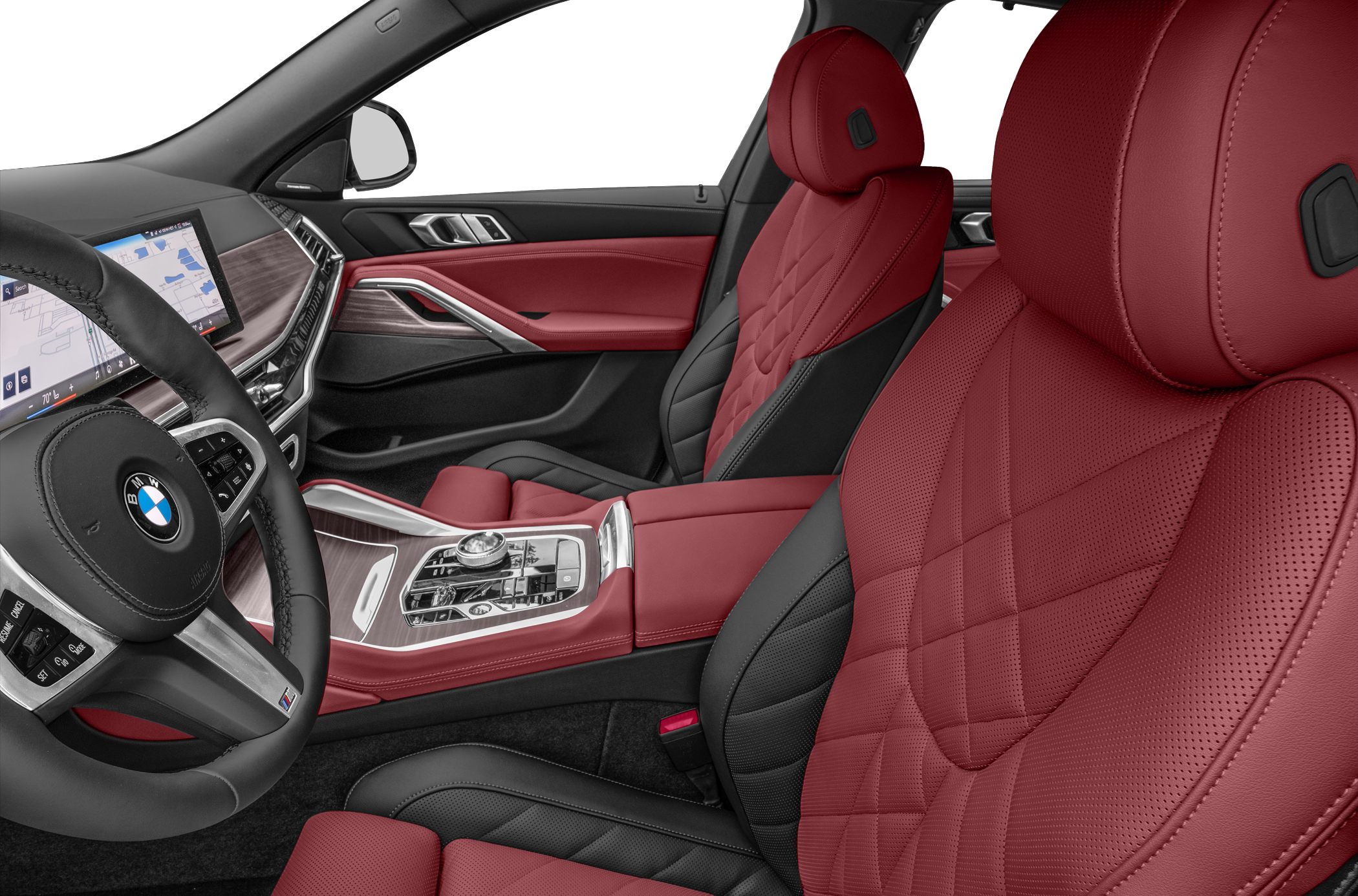 Luxury interior with red quilted leather seats and advanced center console