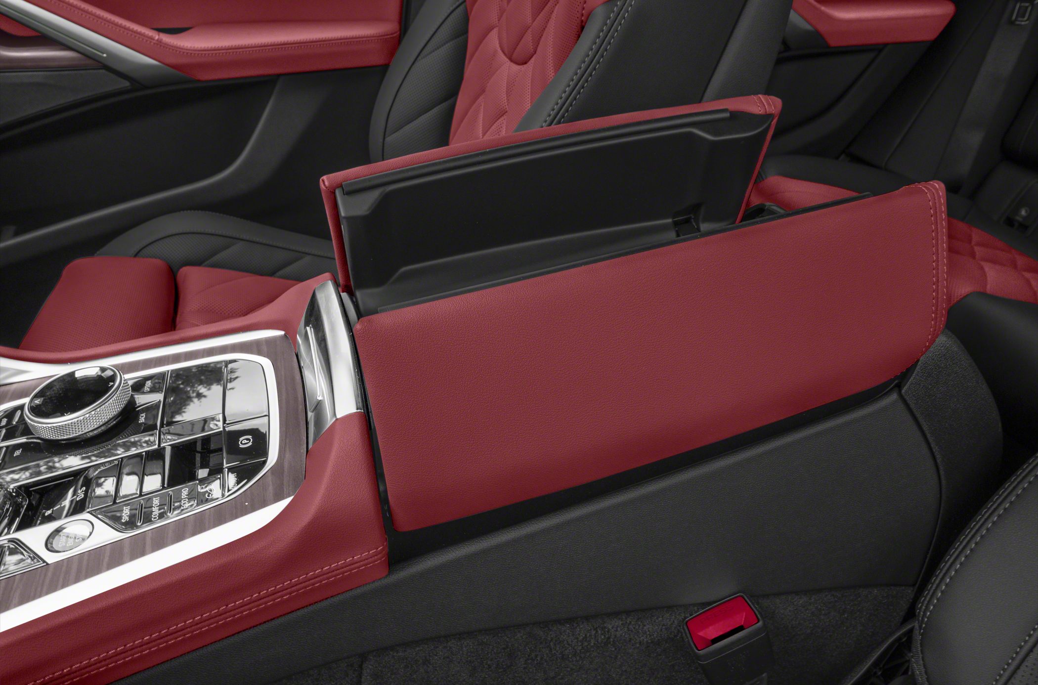 Red leather center console and luxurious car interior