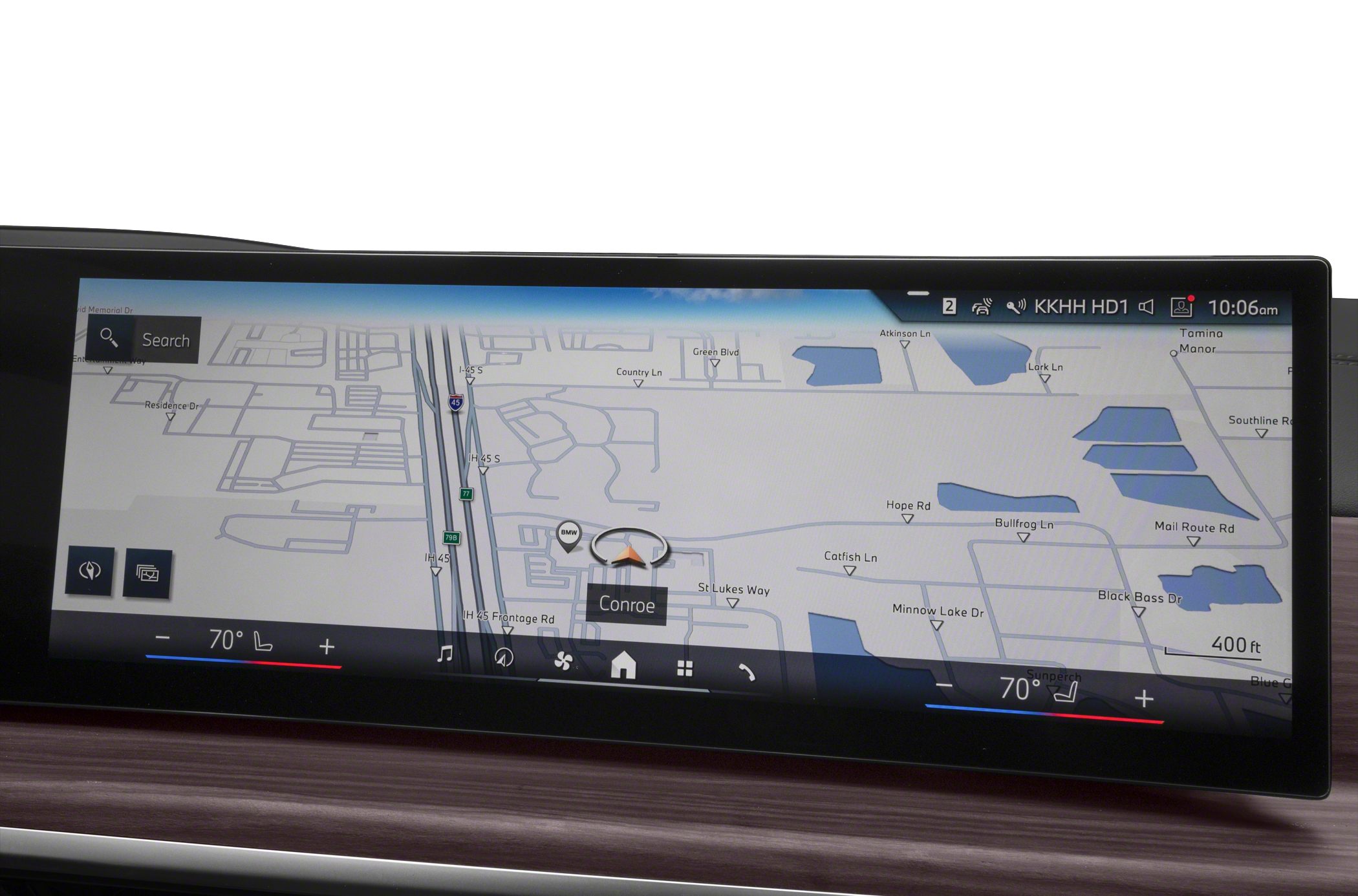 High-resolution vehicle infotainment touchscreen with navigation and climate controls