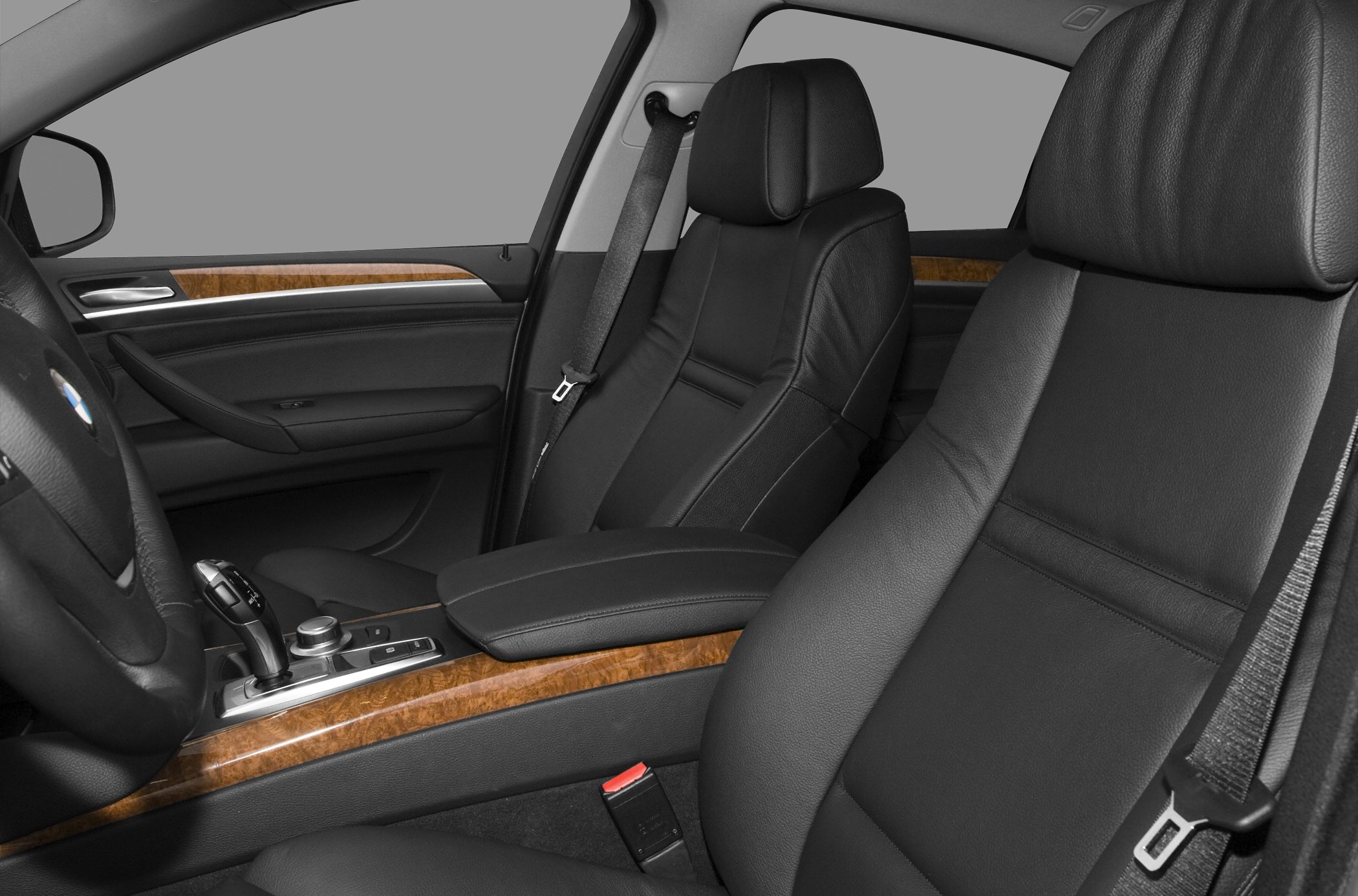 Black leather seats with wood trim interior