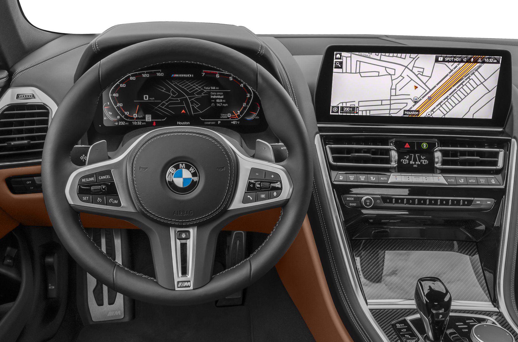 Digital instrument cluster and infotainment system with steering wheel and carbon fiber trim