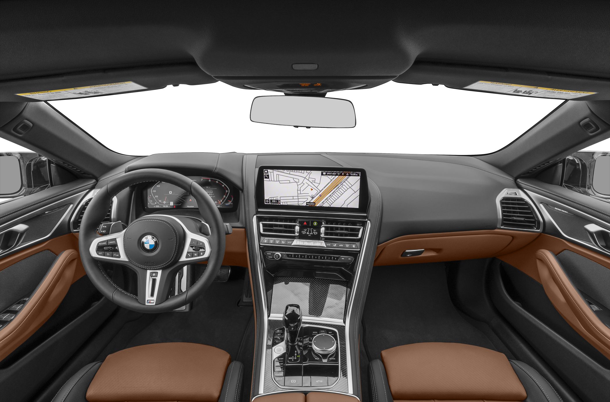 Luxury car interior with dashboard, steering wheel, and infotainment display