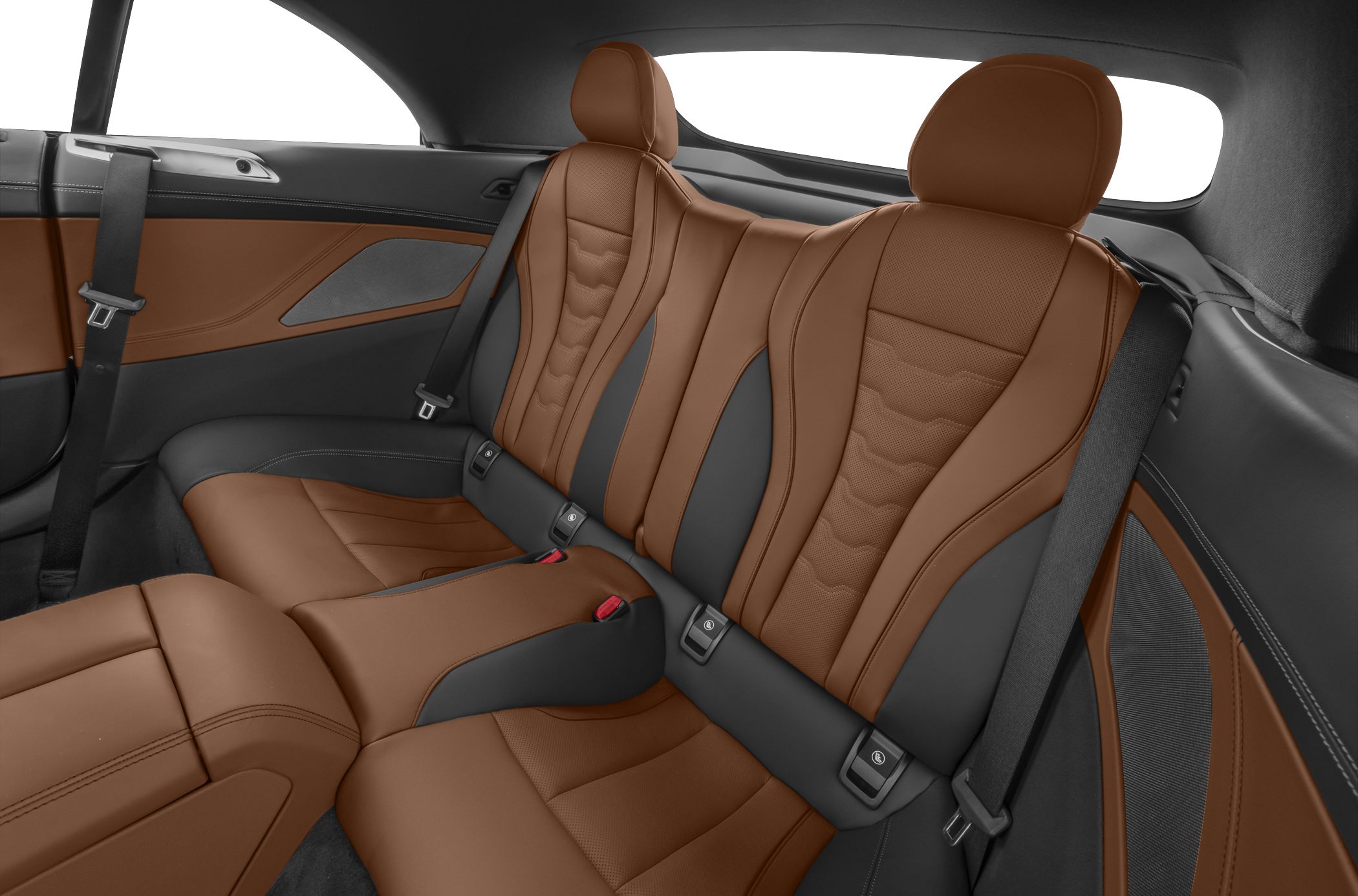 Brown and black leather rear seats with seat belts