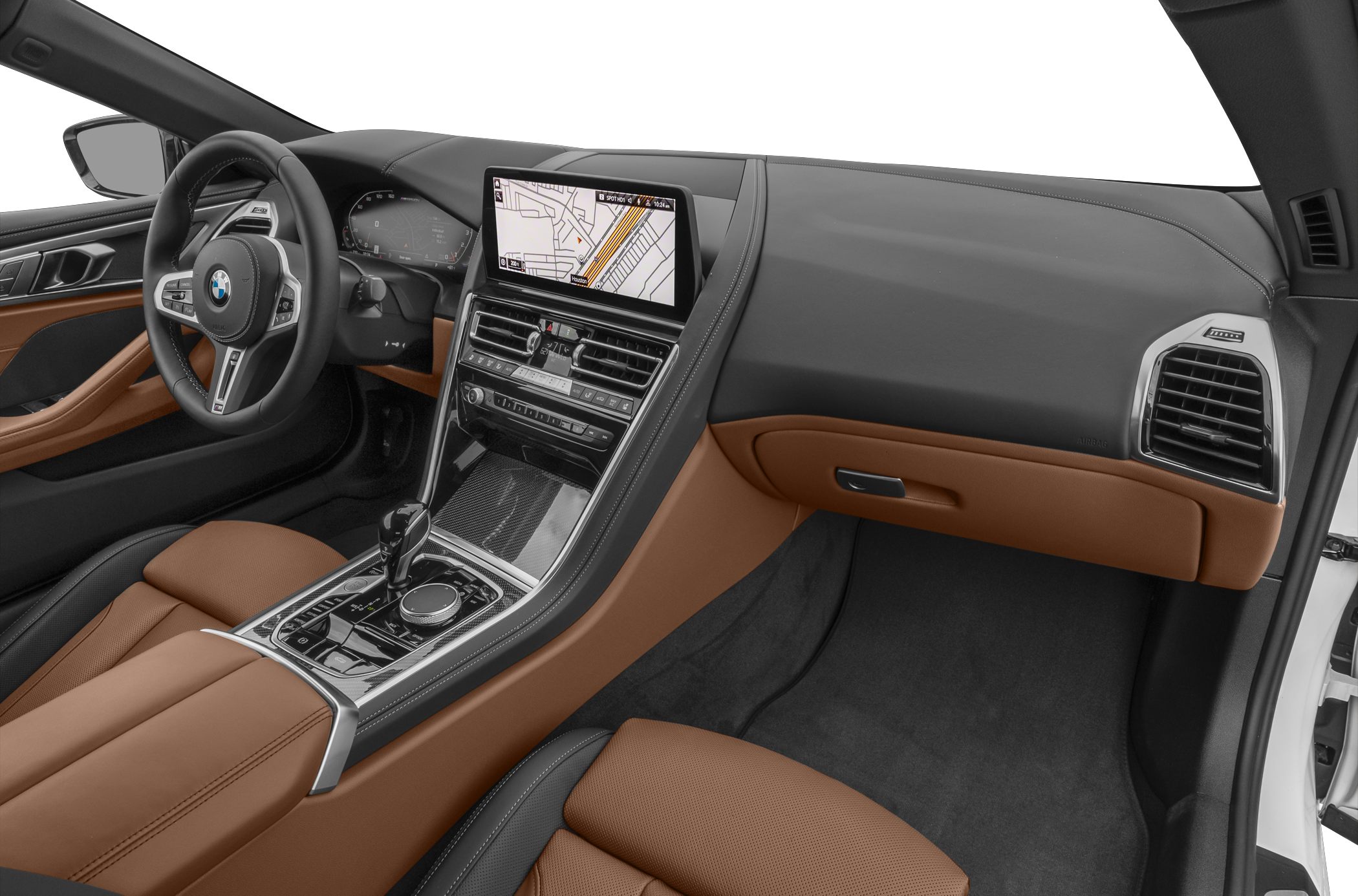 Luxury convertible interior with infotainment system and leather seats