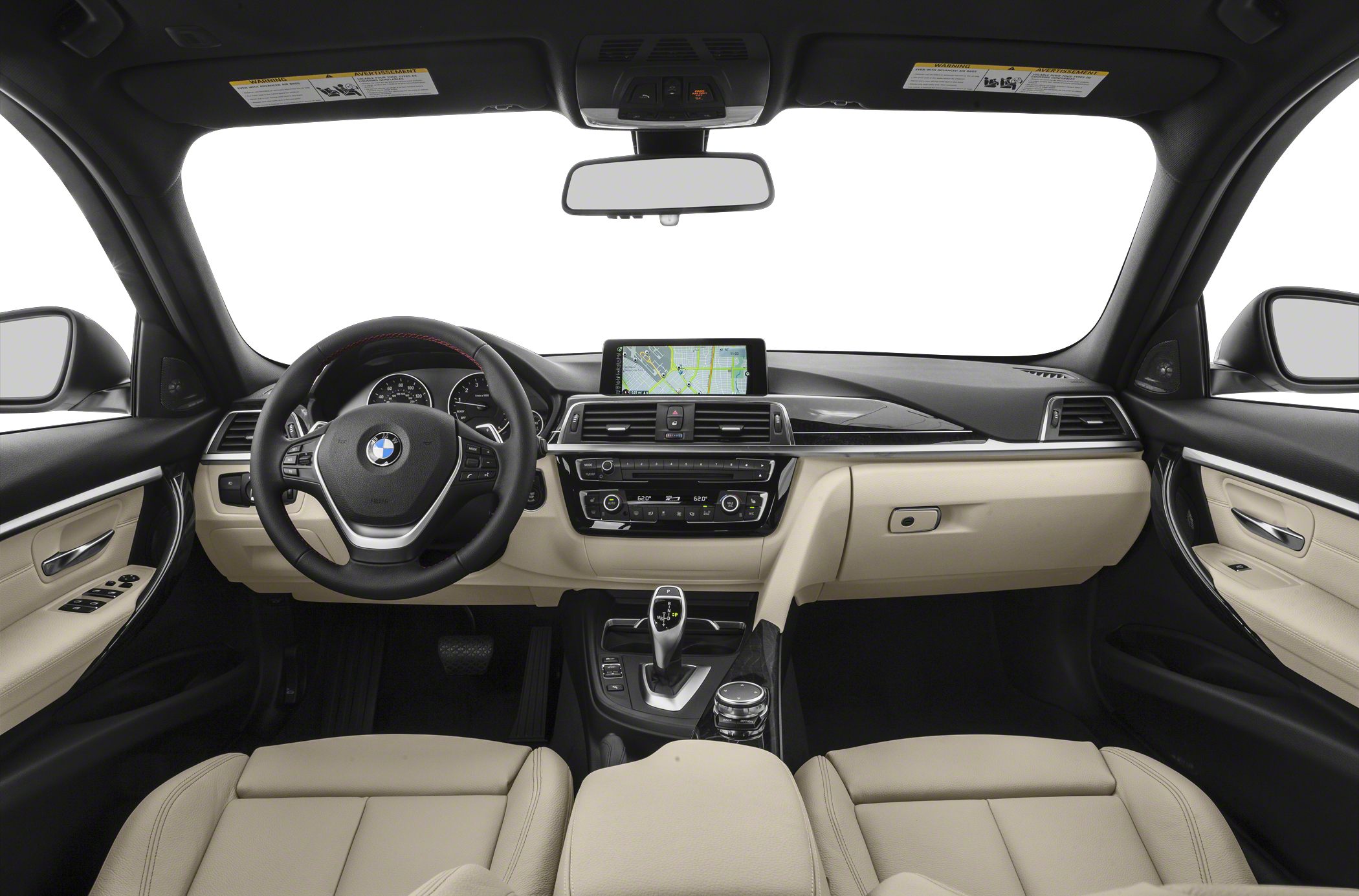 Dashboard and steering wheel with beige leather seats