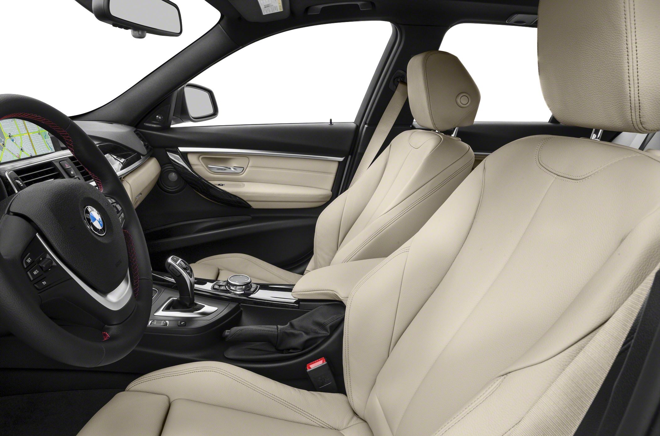 Luxury beige leather seats and modern center console with steering wheel.