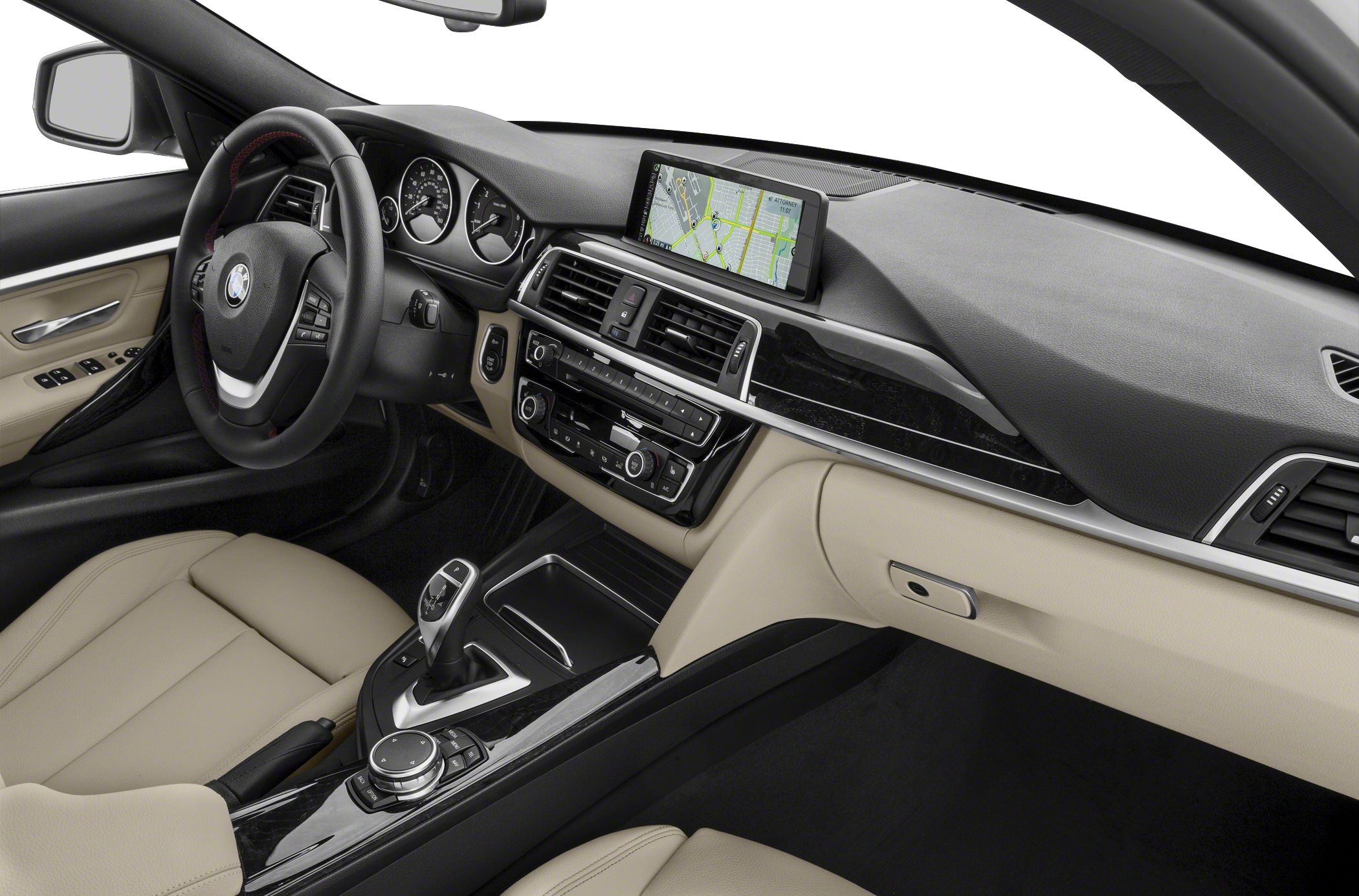 Modern dashboard with navigation system and beige leather seats