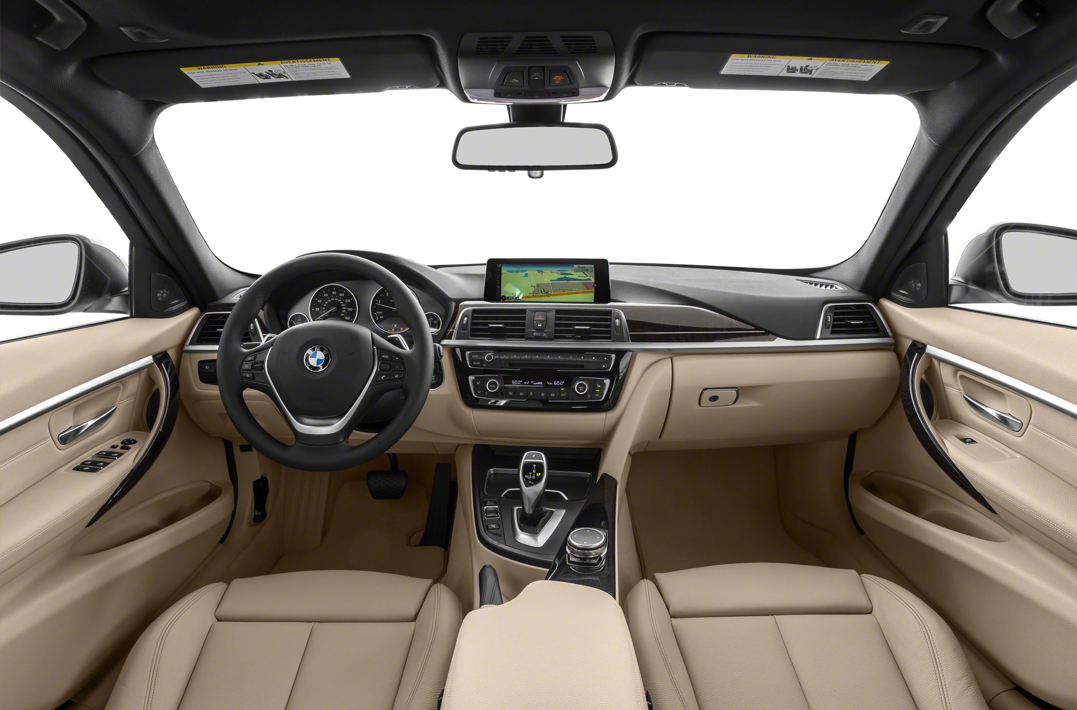 Beige leather interior with dashboard, steering wheel, and infotainment screen