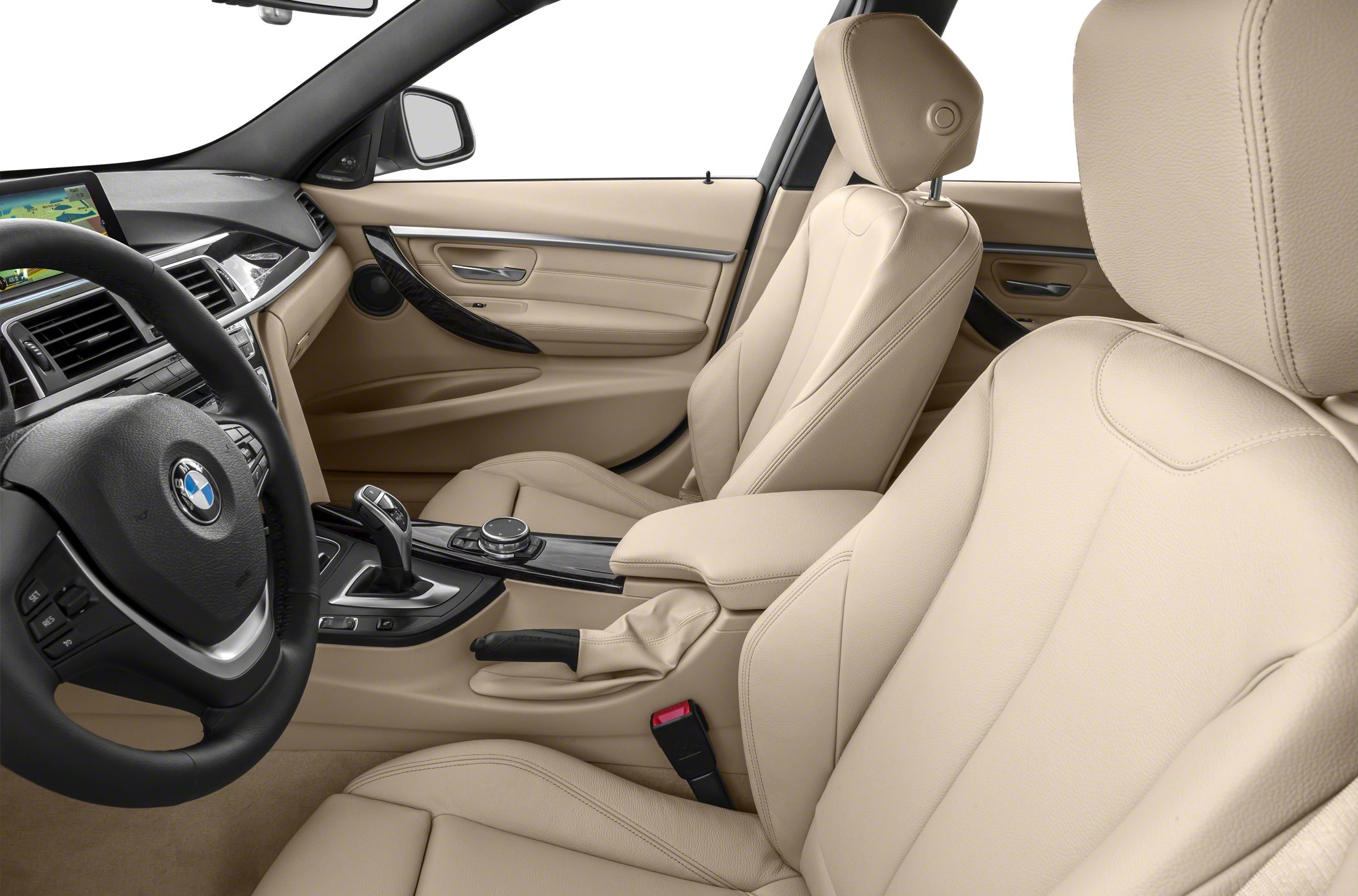 Beige leather seats and modern dashboard with steering wheel and gear shifter