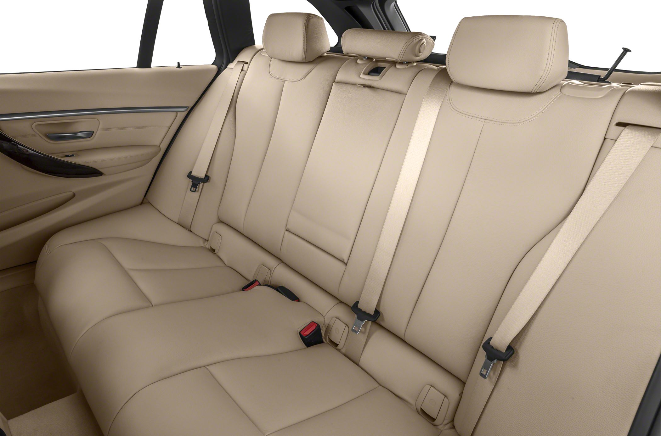 Beige leather rear seats with seat belts and headrests
