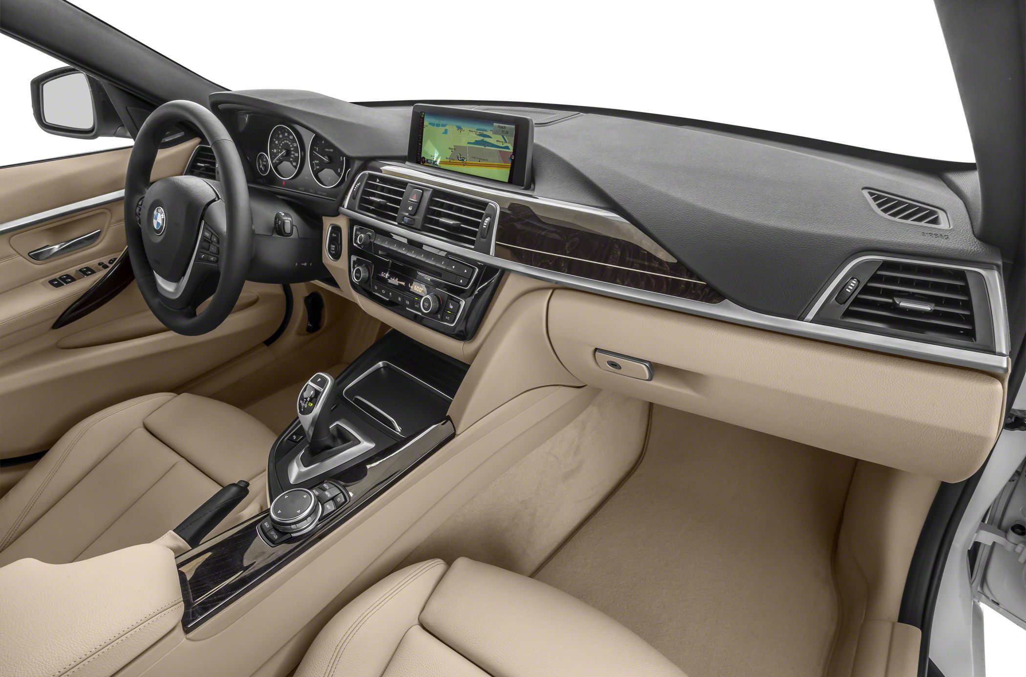 Beige leather interior with dashboard, navigation display, and steering wheel
