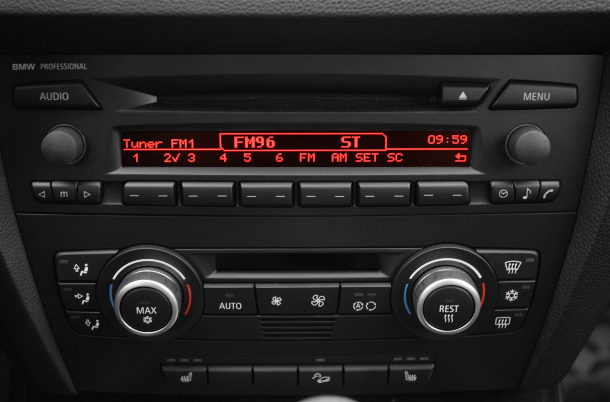 Car interior radio and dual-zone climate control panel with digital display