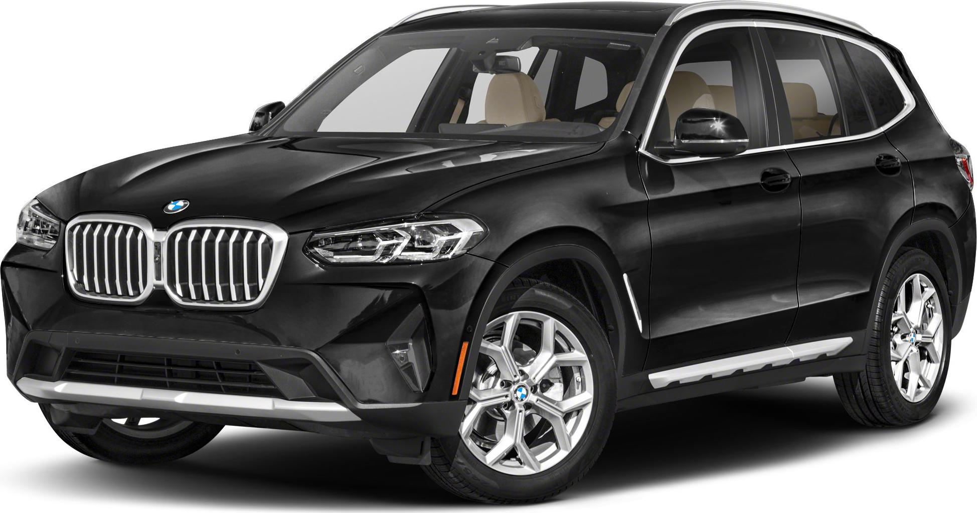 Front side view of black SUV with kidney grille and LED headlights